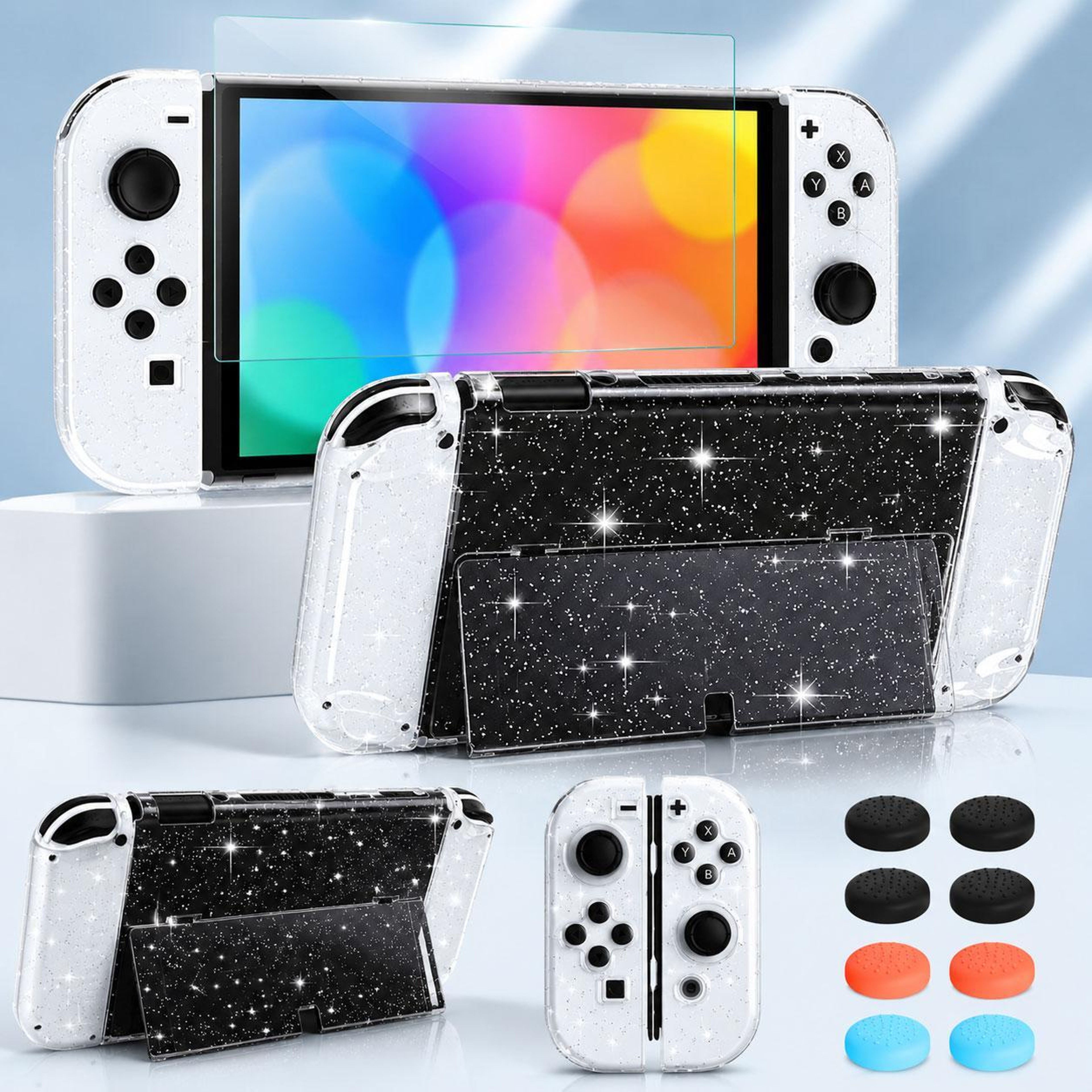 Nintendo Switch Clear Case with Tempered Glass Screen Protectors and Thumb Grips Set – view 1
