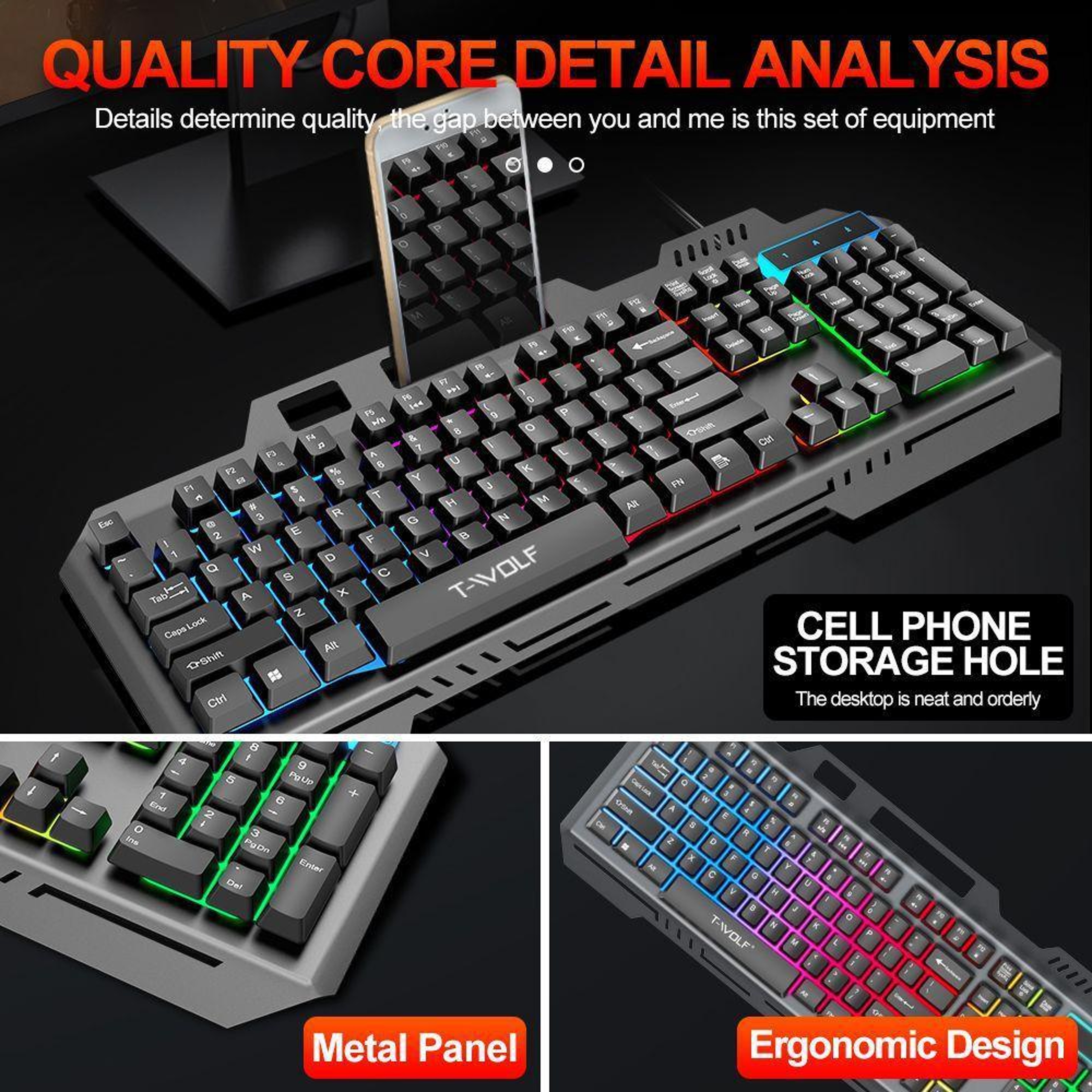 T-WOLF TF600 Wired Gaming Keyboard and Mouse Combo with Backlight and Phone Stand – view 6