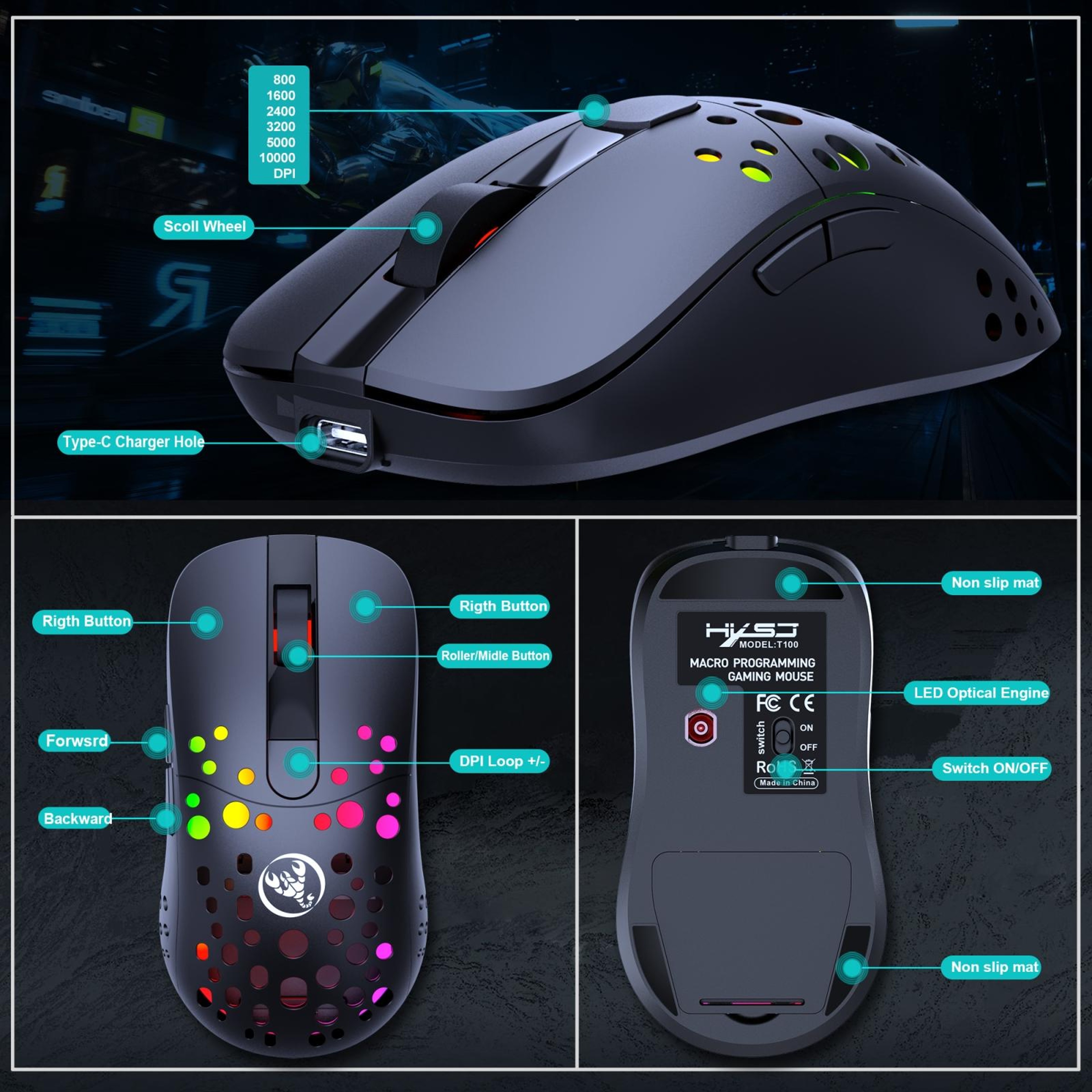 HXSJ T100 10000 DPI RGB Wired Wireless Gaming Mouse with 6 Programmable Buttons – view 7