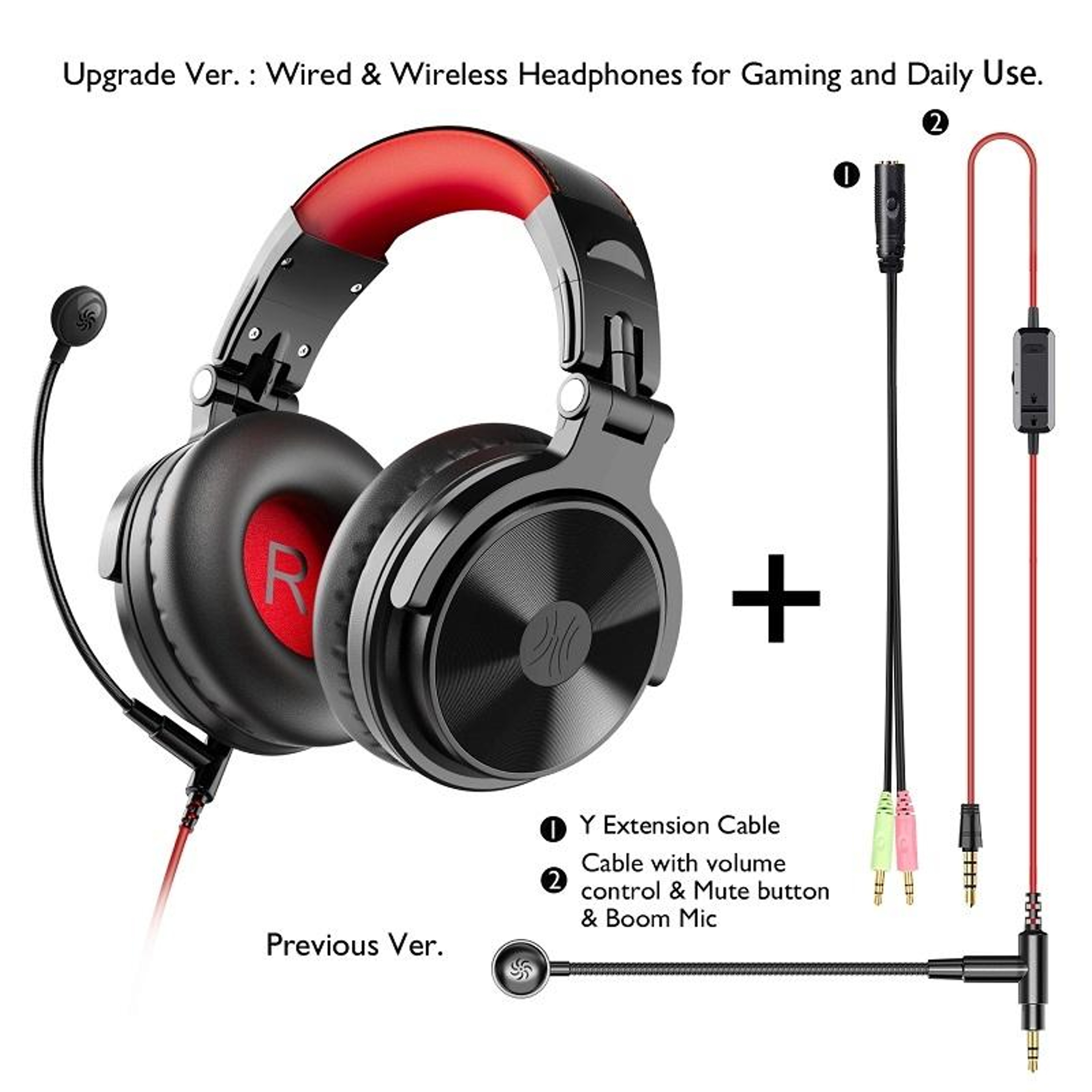 OneOdio Pro-M Bluetooth Gaming Headset with 50mm Drivers and Wired Microphone - Black & Red – view 2