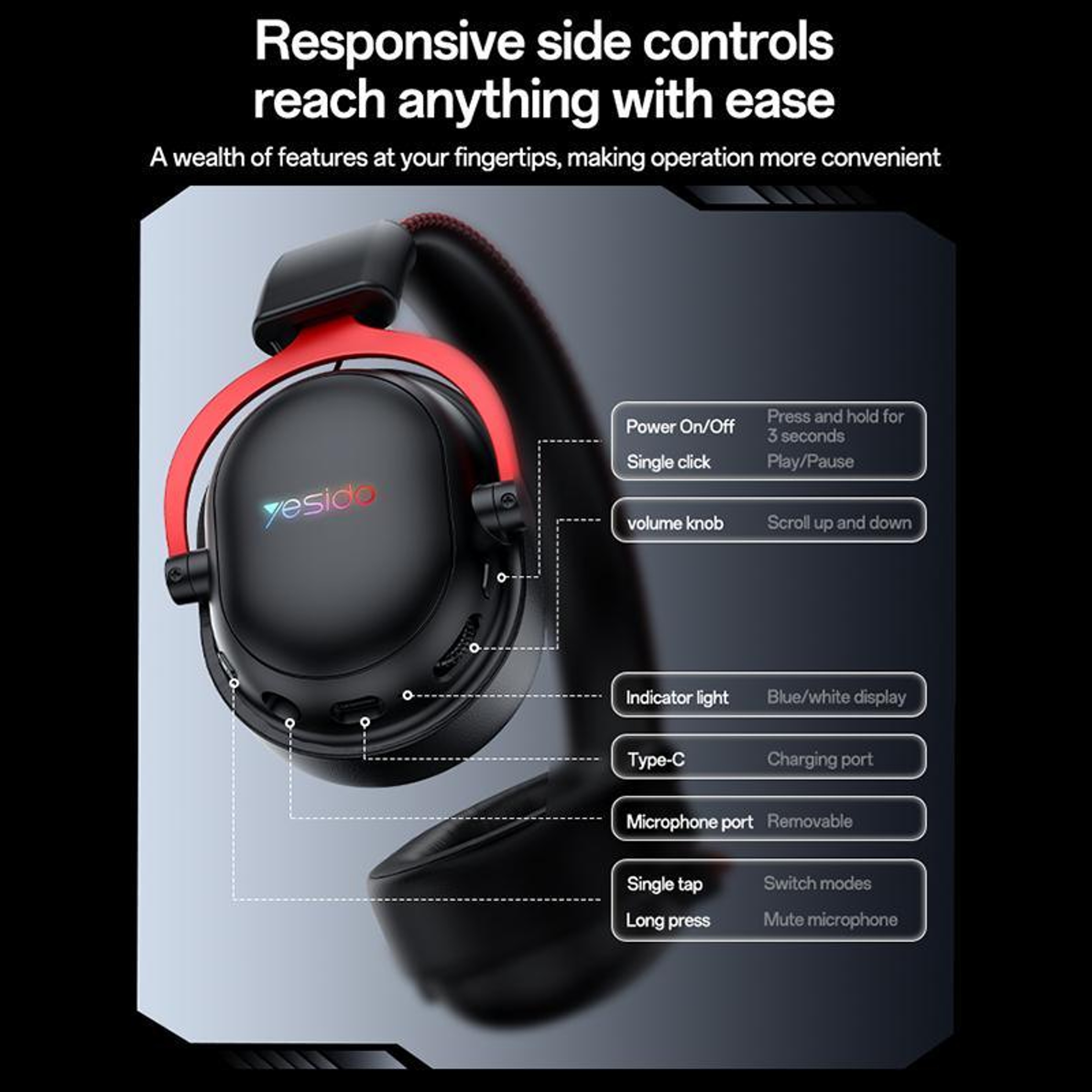 Yesido EK07 Tri-Mode Wireless Gaming Headset with RGB Lighting, 50mm Drivers and Detachable Mic – view 4