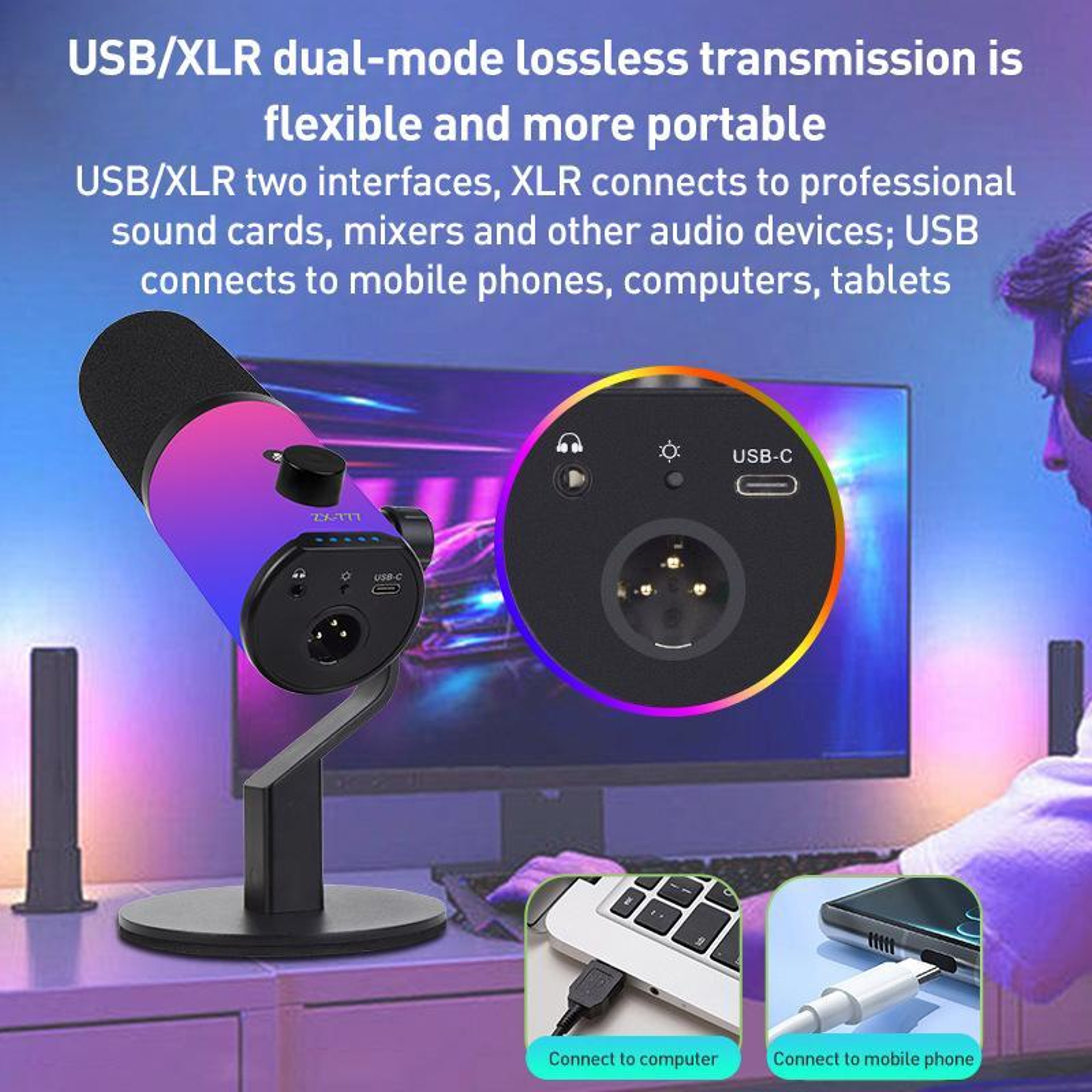 XTUGA ZX-777 RGB USB XLR Dynamic Microphone for Streaming, Gaming and Recording – view 3