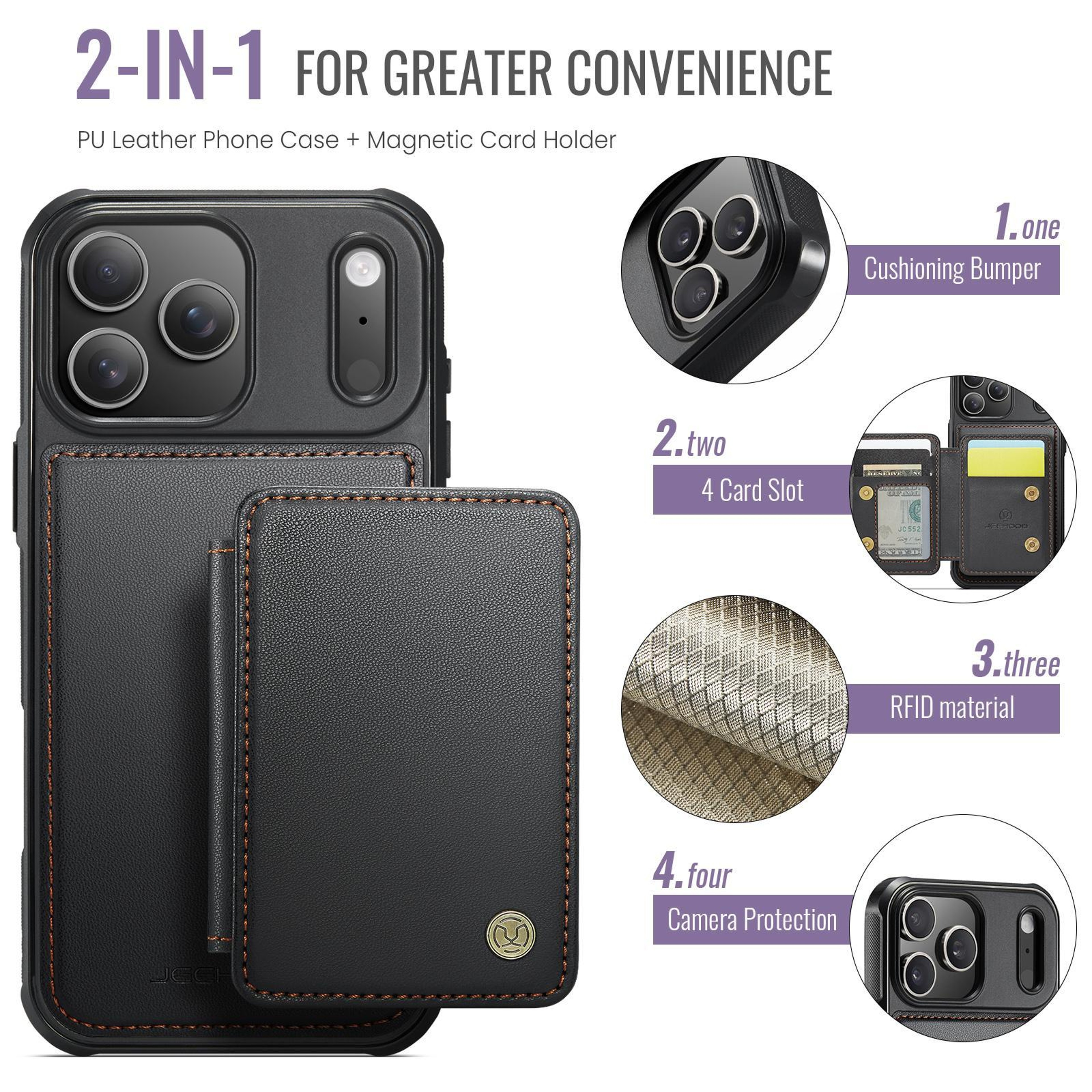 JEEHOOD J05 IPhone 18 Pro Max RFID Leather Magnetic Wallet Case With Detachable Card Holder 1