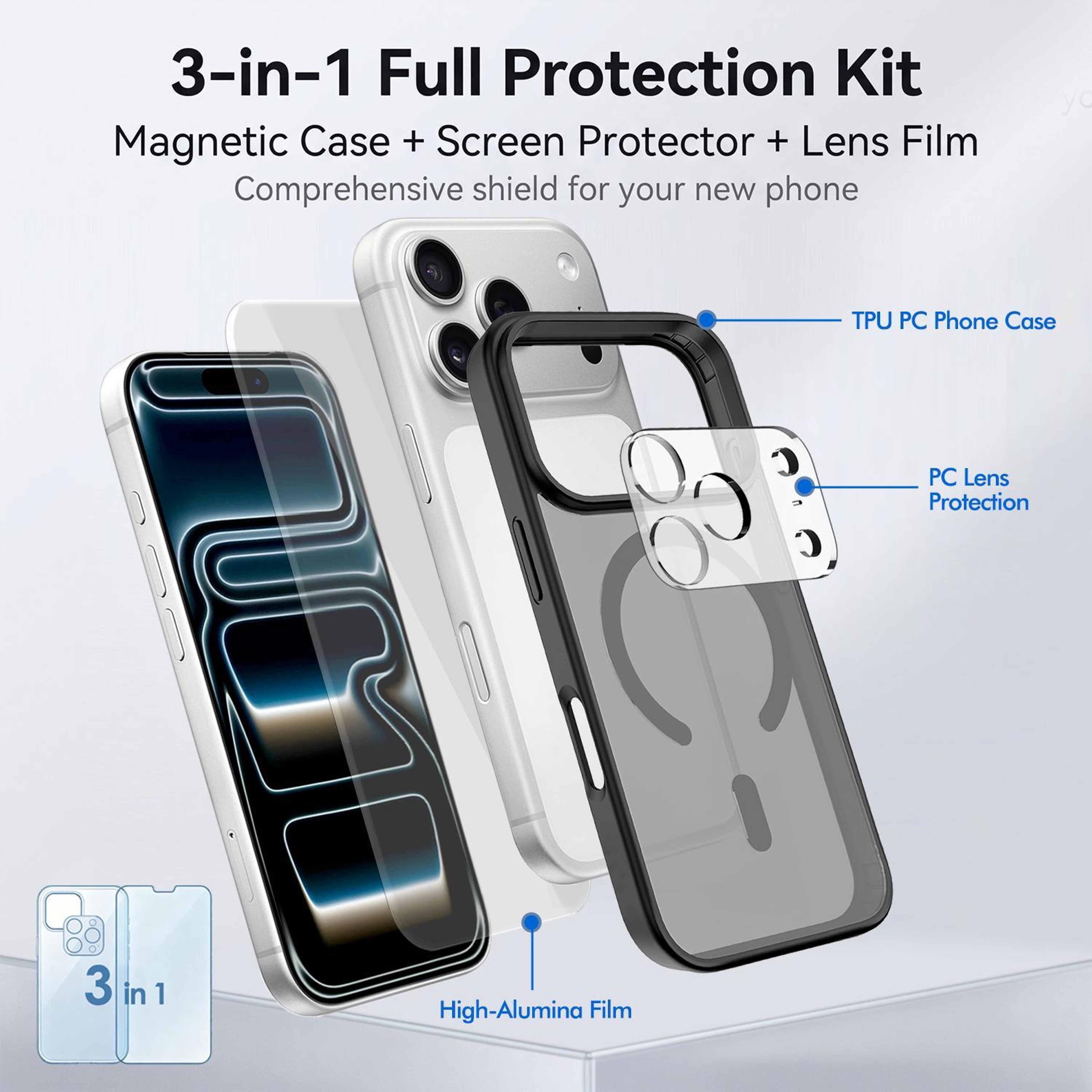 3-in-1 Magnetic iPhone 18 Pro Case with Tempered Glass Screen and Camera Lens Protector – view 2