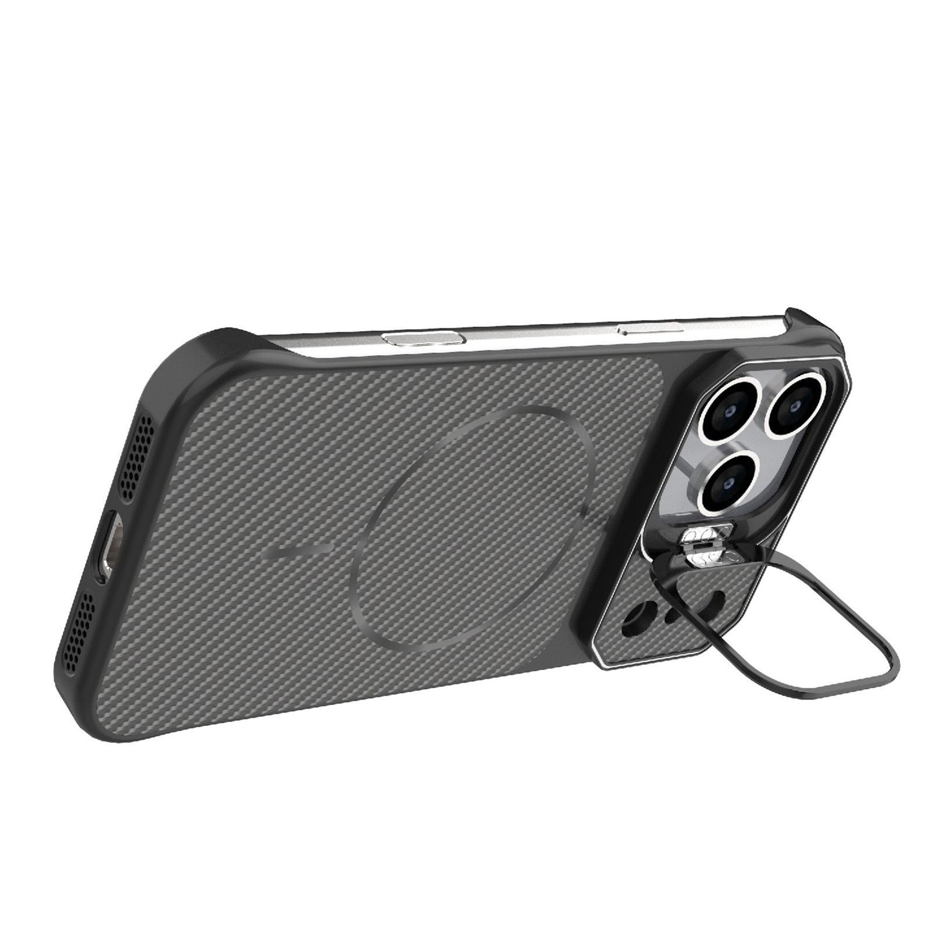 IPhone 18 Pro Frameless Magnetic Carbon Fiber Texture Case With Kickstand 2