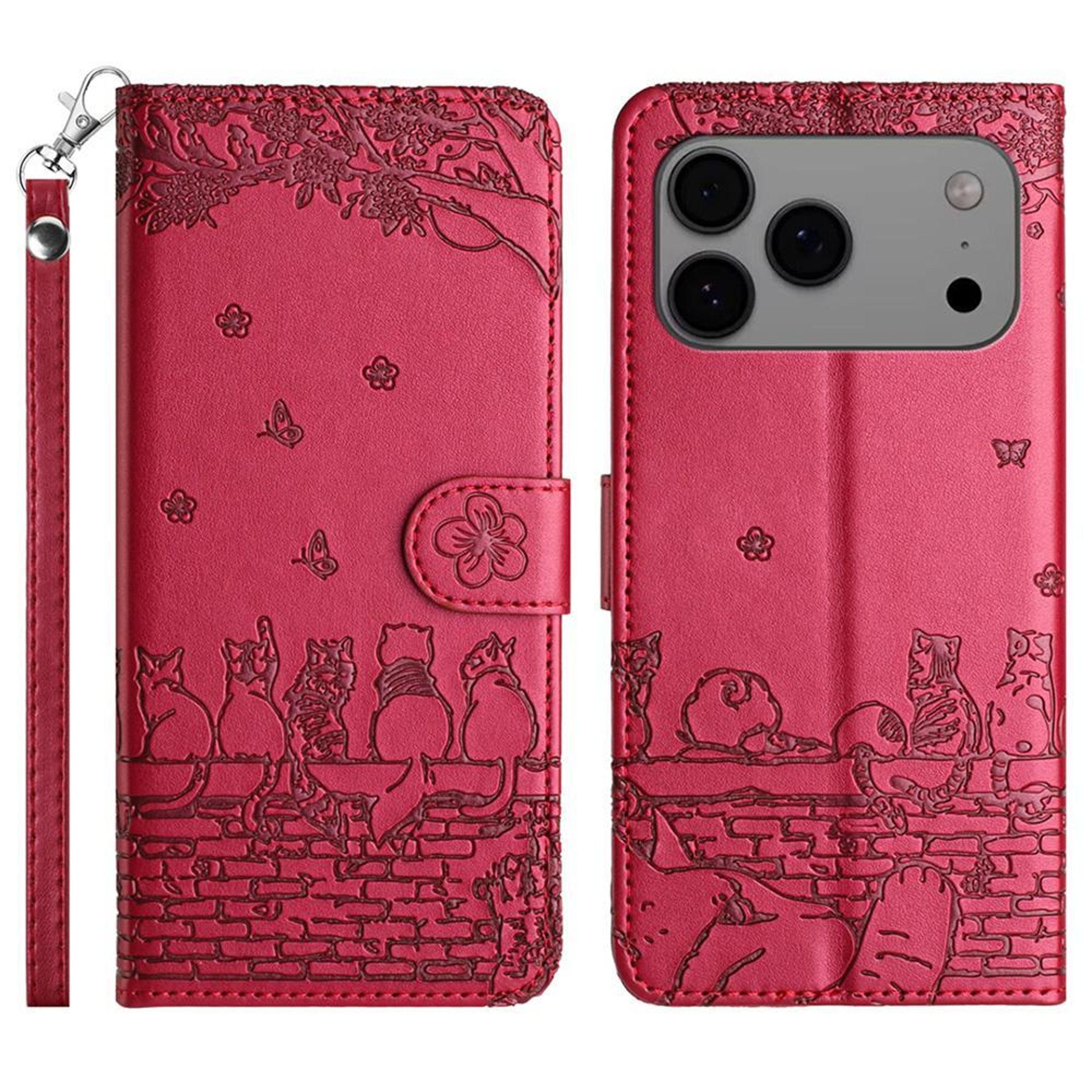 IPhone 18 Pro Cat Embossed Leather Wallet Case With Lanyard 0