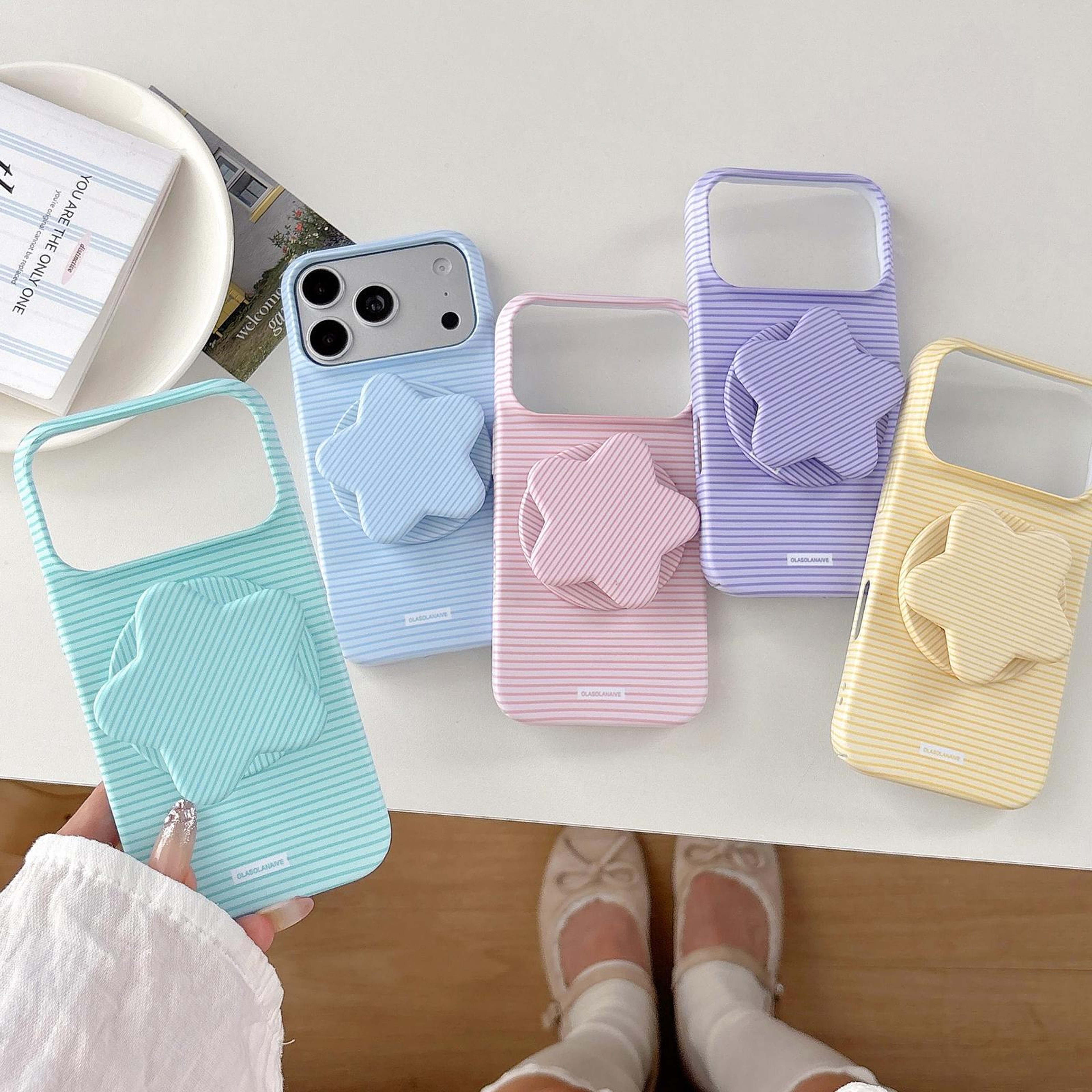 IPhone 18 Pro Macaron Striped Full Coverage PC Case With Rotating Star Stand 1