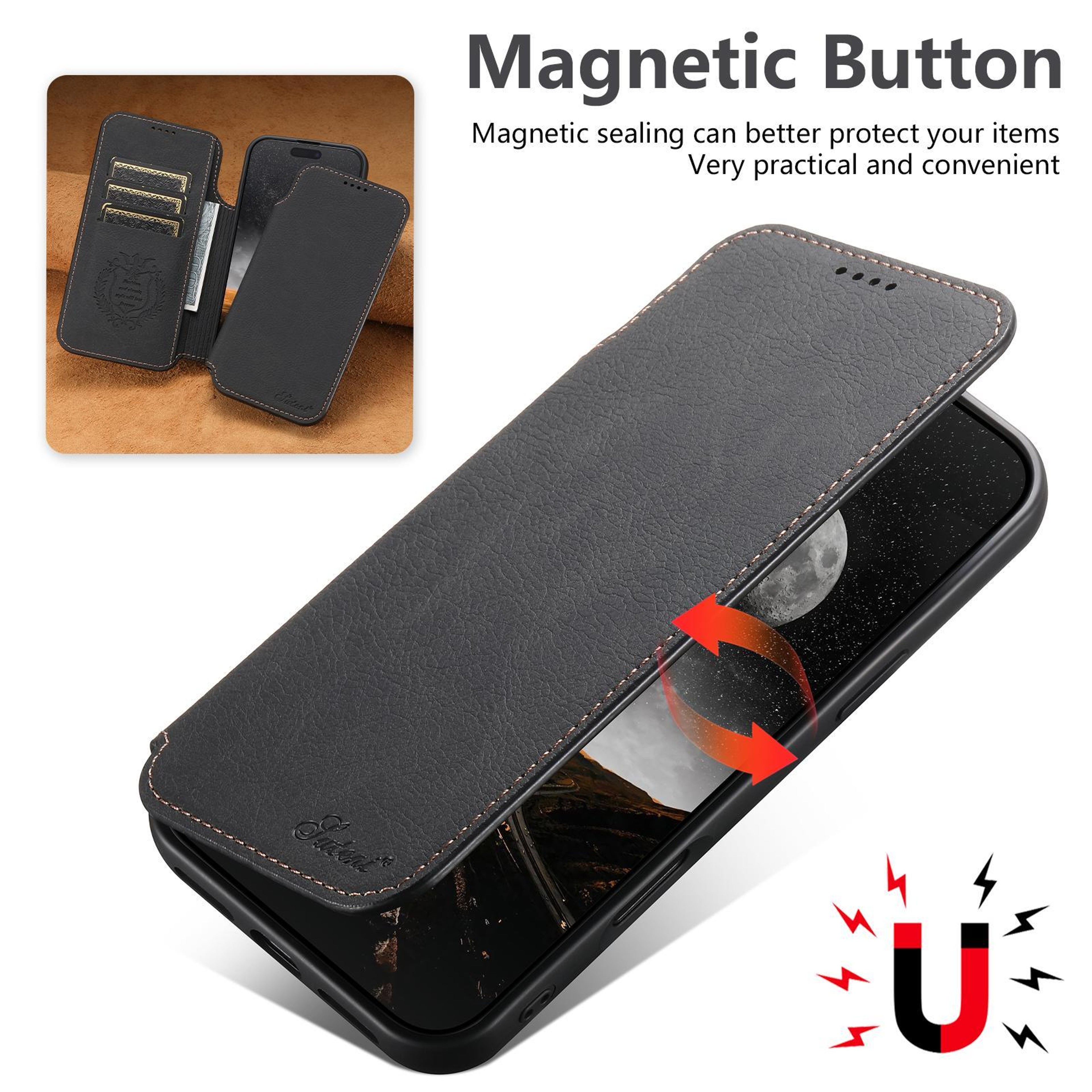 IPhone 18 Pro Retro Litchi Texture PU Leather MagSafe Wallet Case 3