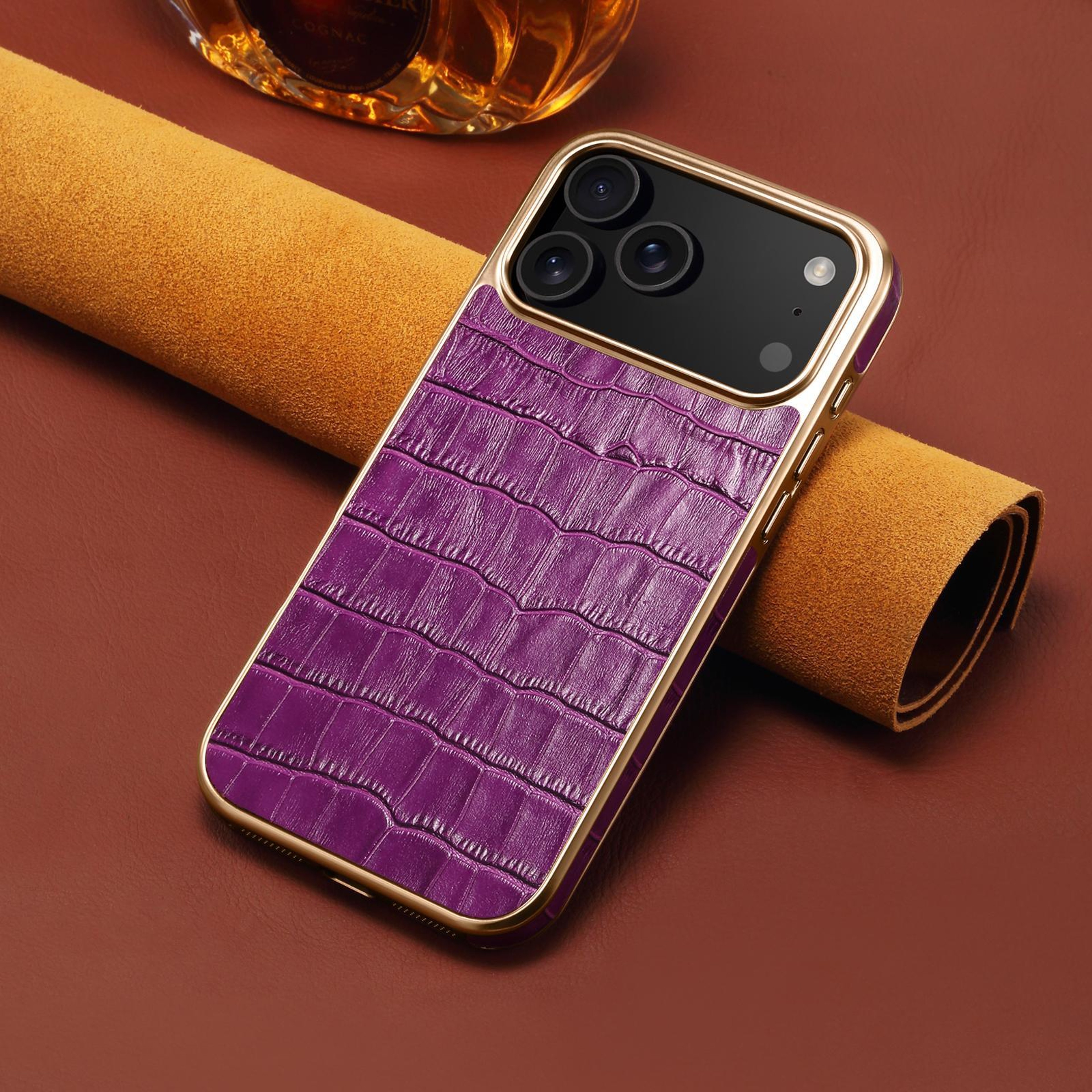IPhone 18 Pro Crocodile Texture Genuine Leather Phone Case With Rose Gold Frame 5