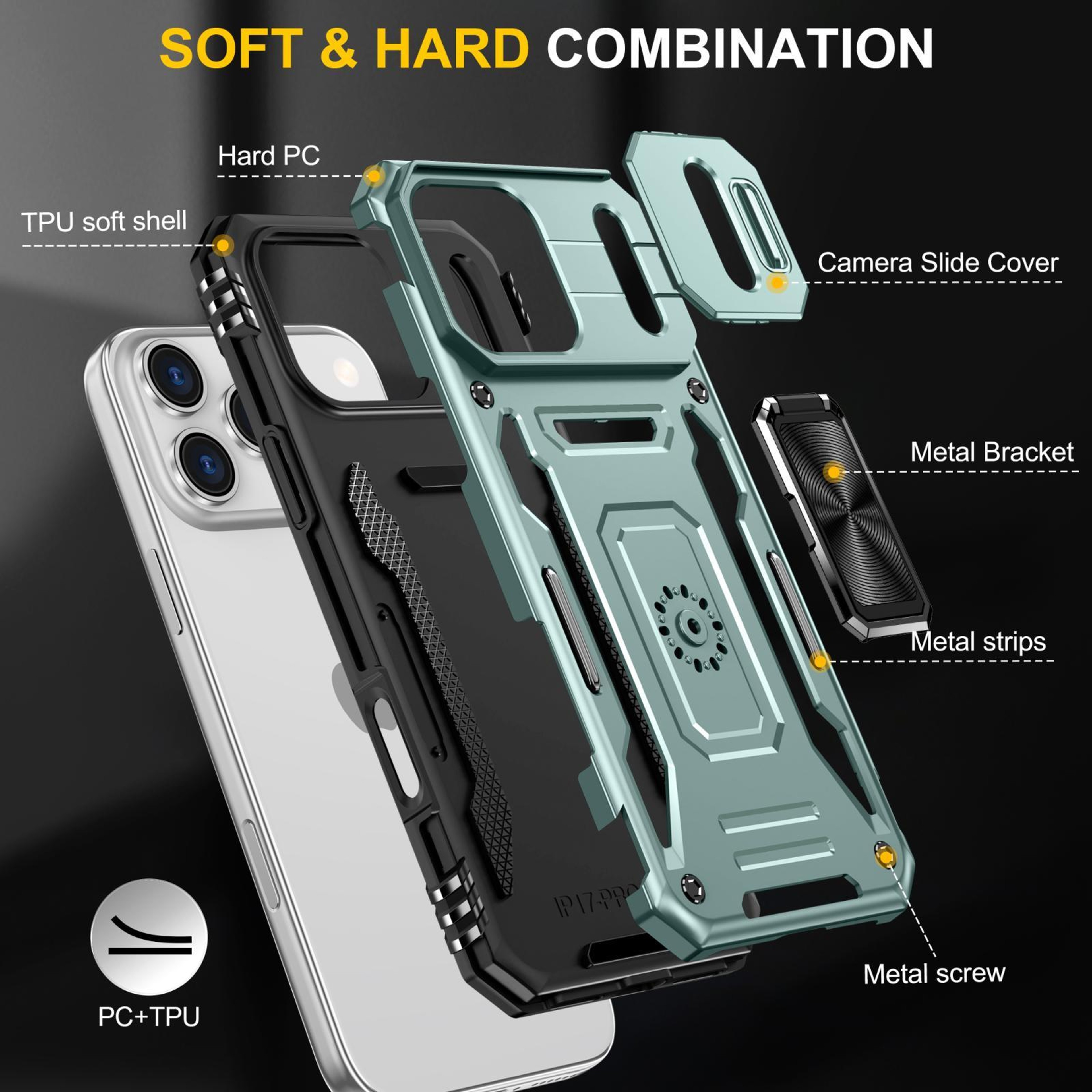 Armor PC TPU Camera Shield Phone Case For 18 Pro With Rotating Ring Stand 6