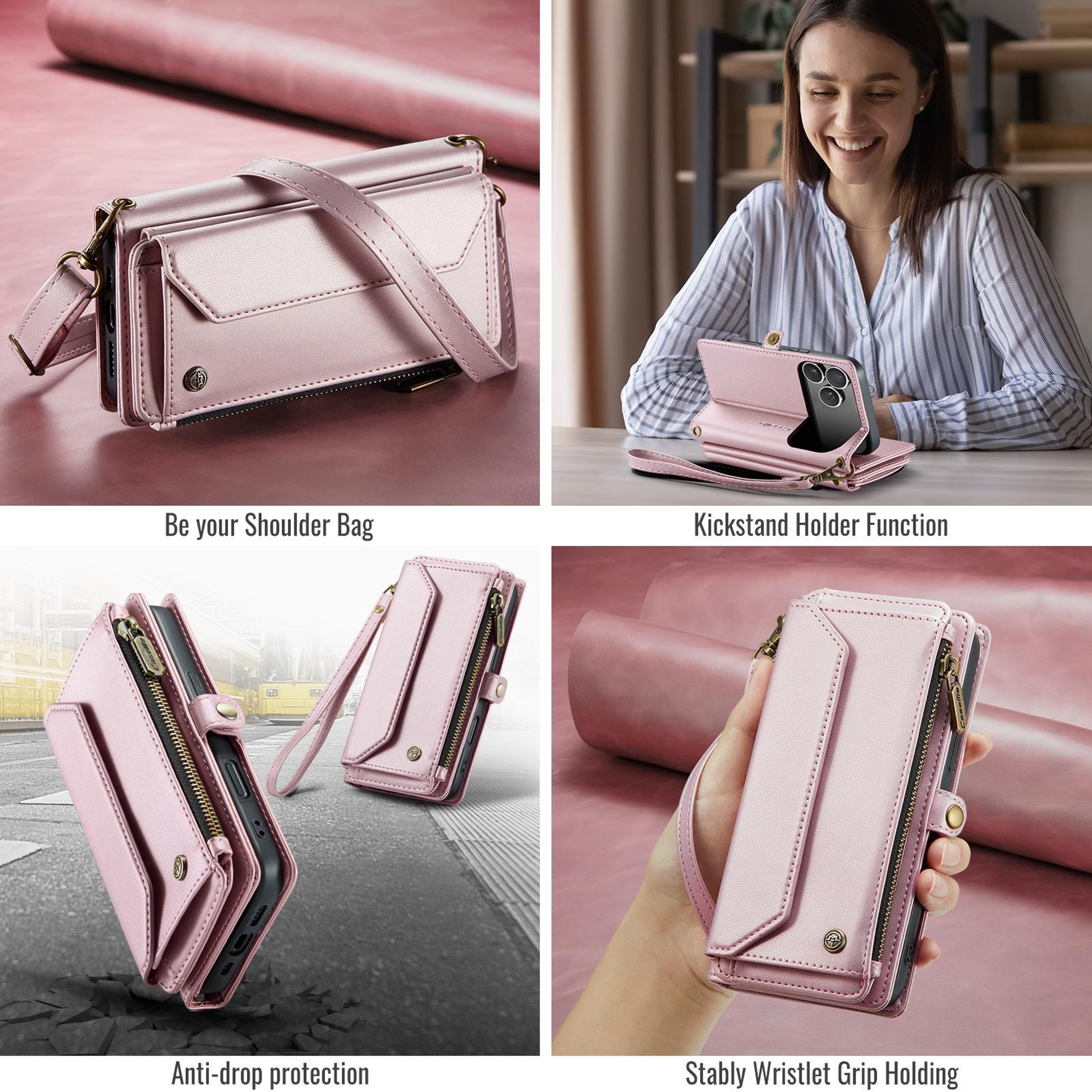 IPhone 18 Pro RFID Wallet Case With Card Slots Zipper Pouch And Straps 7