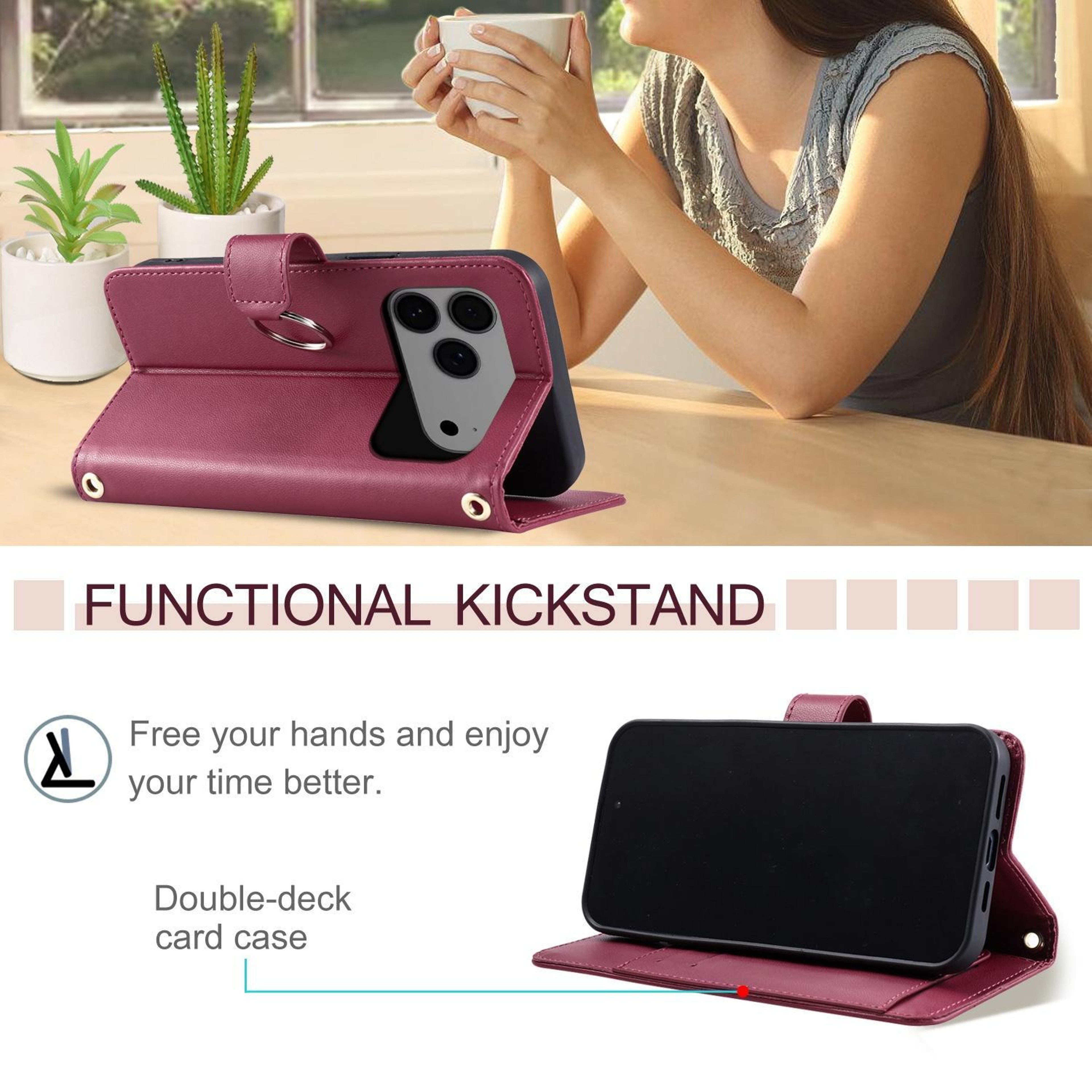 IPhone 18 Pro Max Rhombic PU Leather Wallet Case With Card Holder Stand And Hand Strap 6