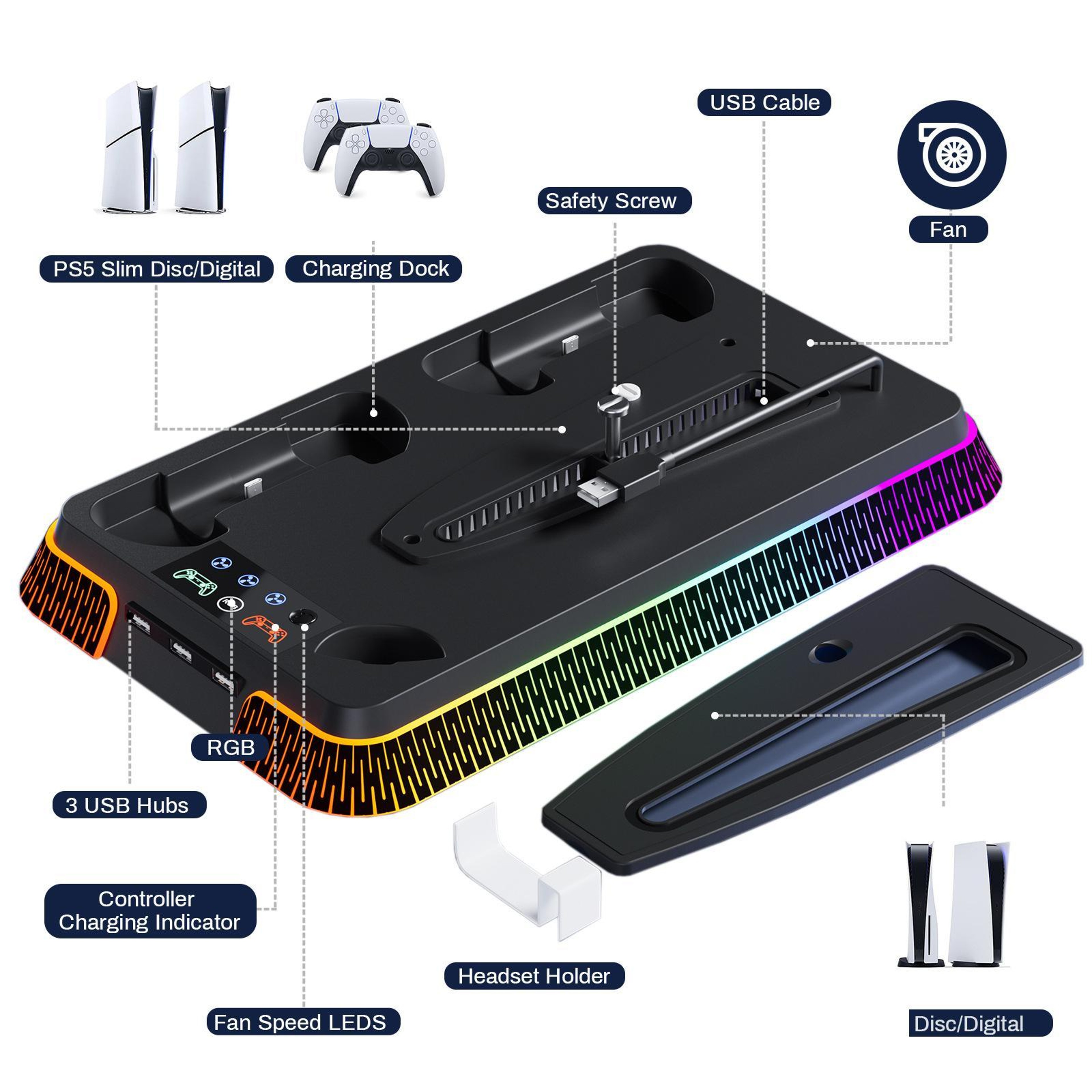 PS5 Slim and PS5 Cooling Stand with Dual Controller Charging Dock and Colorful Lights – view 3