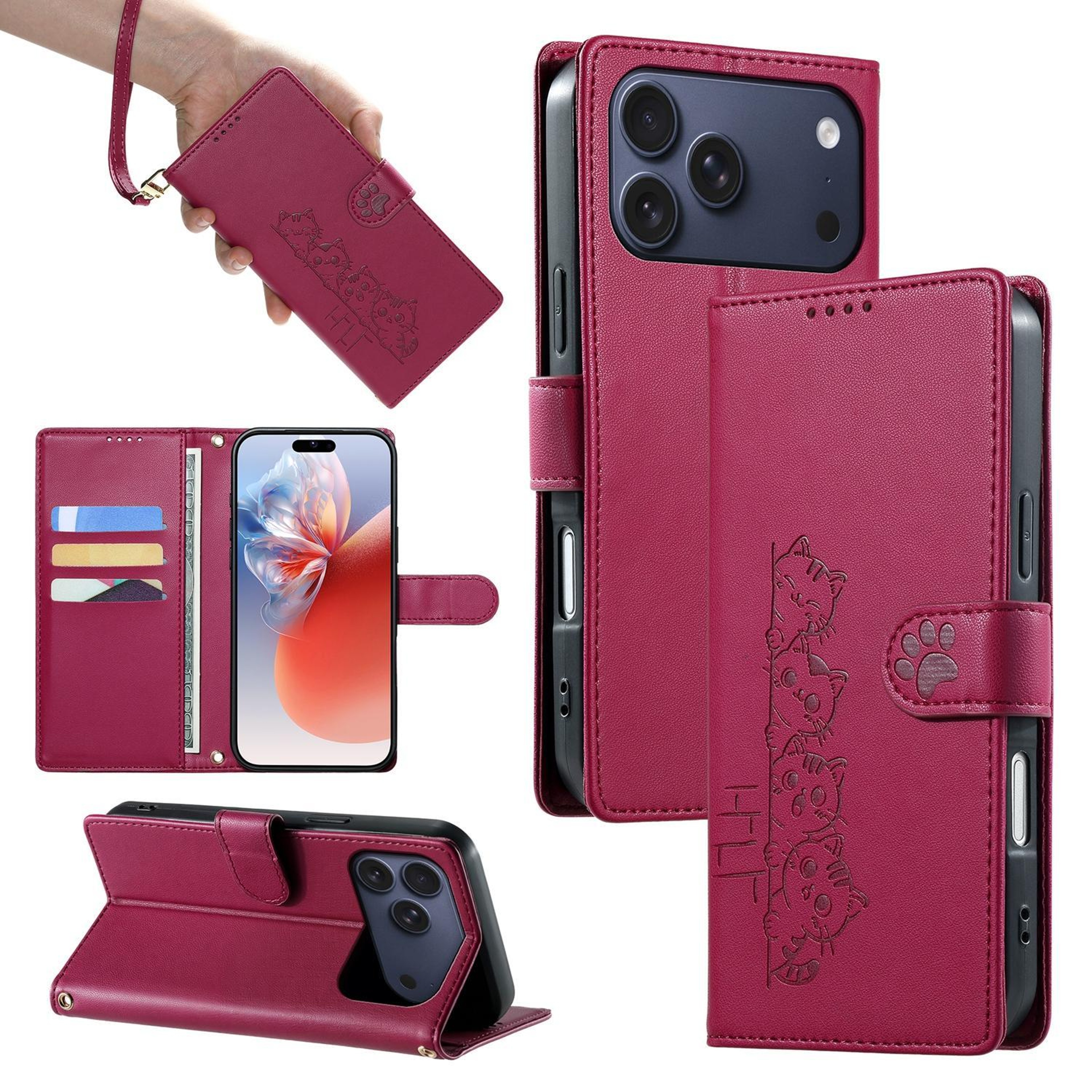 Cute Cats Vegan Leather Wallet Phone Case For IPhone 18 Pro Max With Magnetic Closure And Hand Stra 0