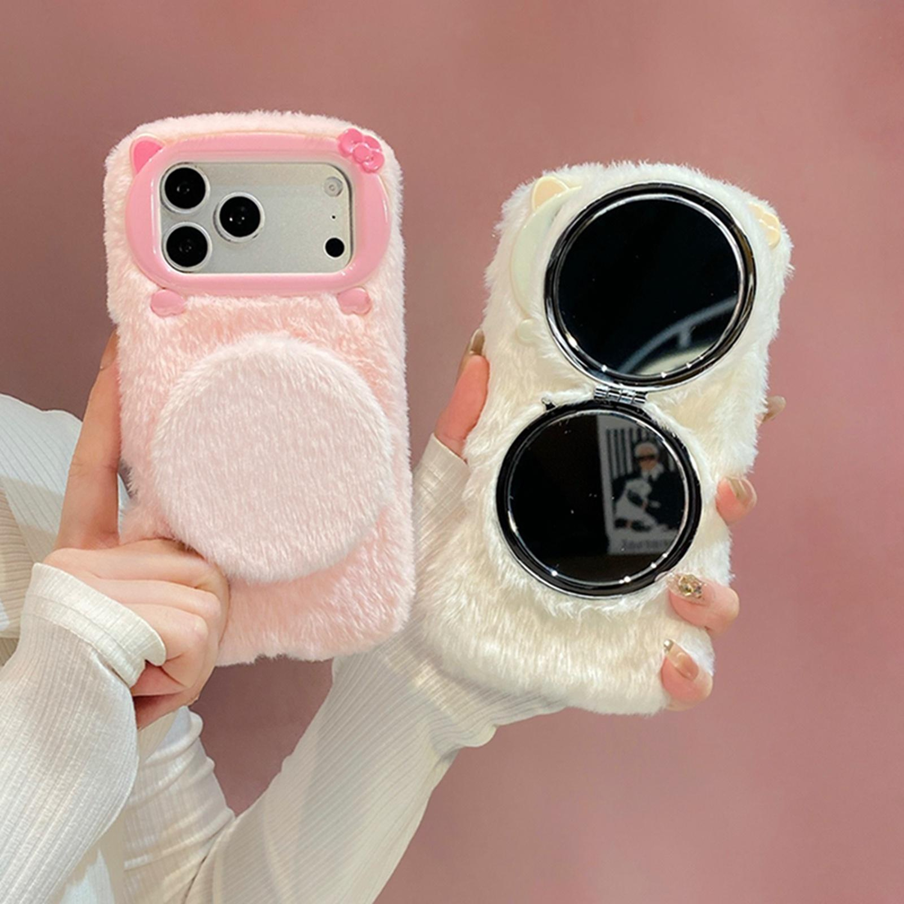 Plush BowTie Cat Phone Case With Mirror And Wrist Strap For IPhone 18 Pro Max 1
