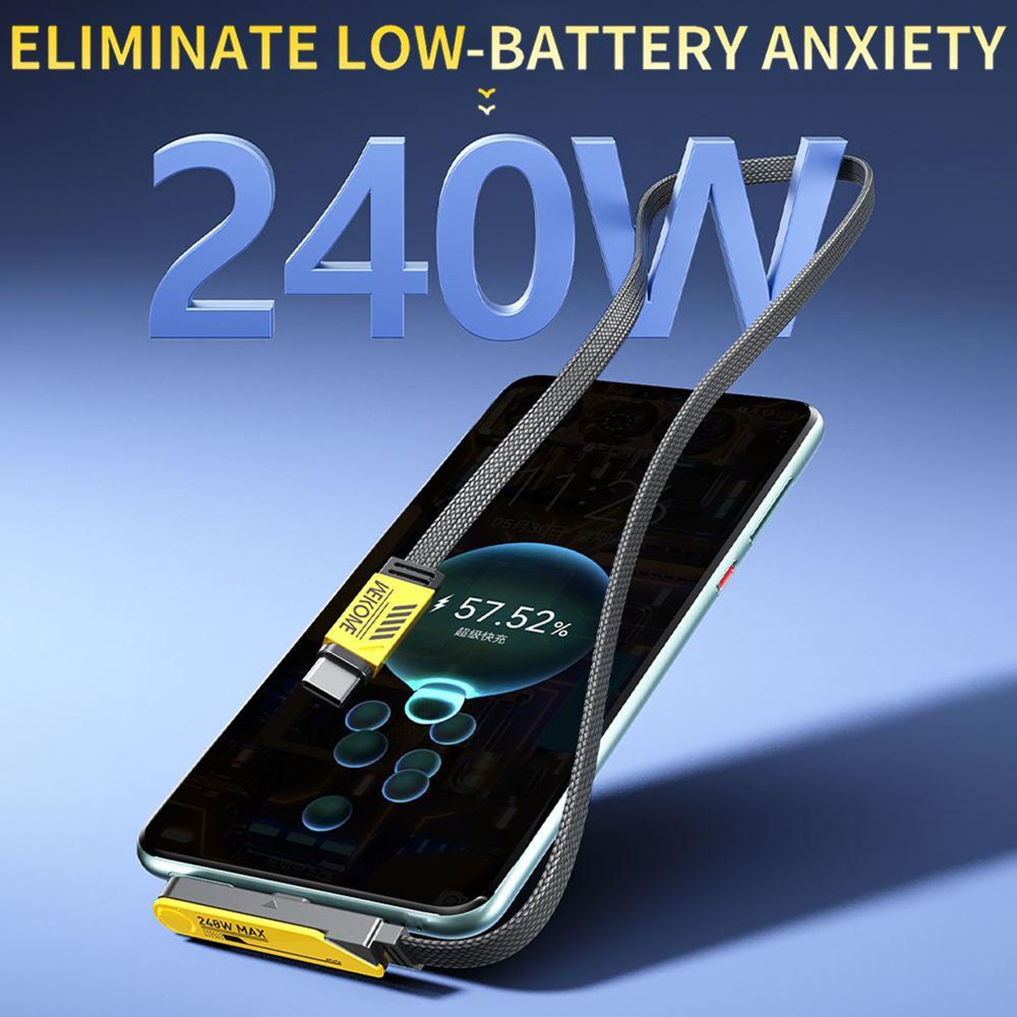 240W Type-C to Type-C Charging Data Cable with Phone Holder 4.9 ft Yellow Black – view 3