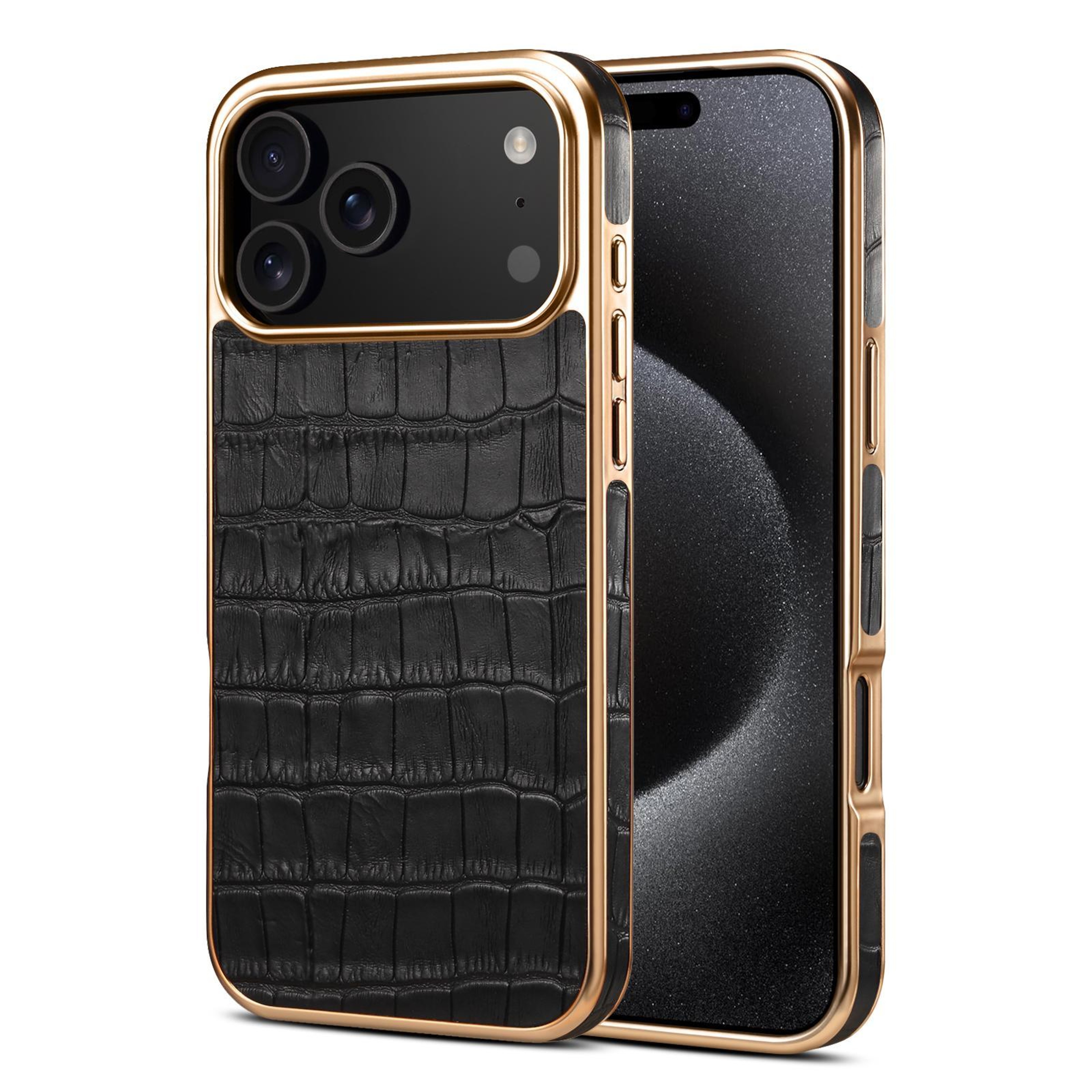 IPhone 18 Pro Max Leather Case Crocodile Texture Protective Cover Rose Gold Frame 0