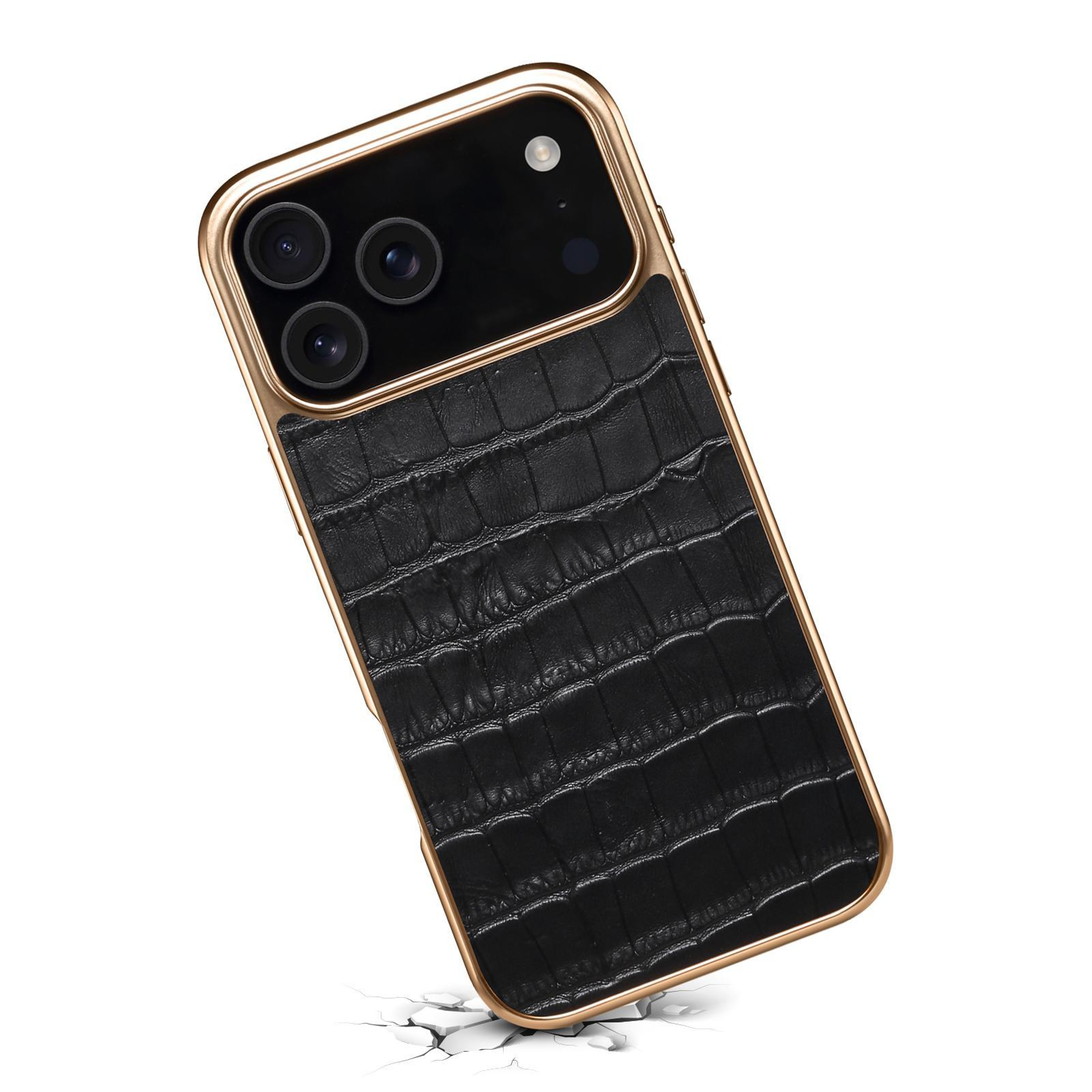 IPhone 18 Pro Max Leather Case Crocodile Texture Protective Cover Rose Gold Frame 3