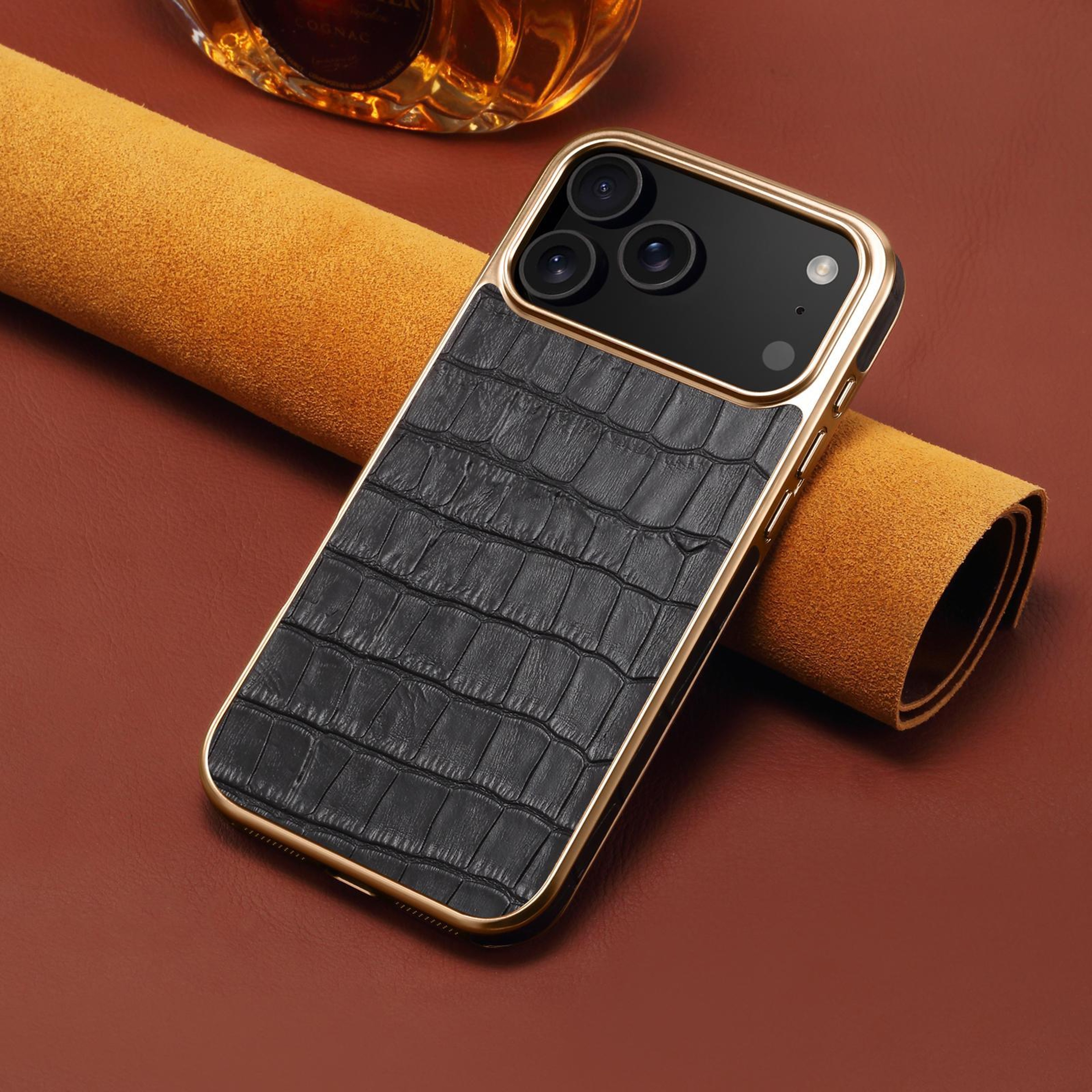IPhone 18 Pro Max Leather Case Crocodile Texture Protective Cover Rose Gold Frame 5