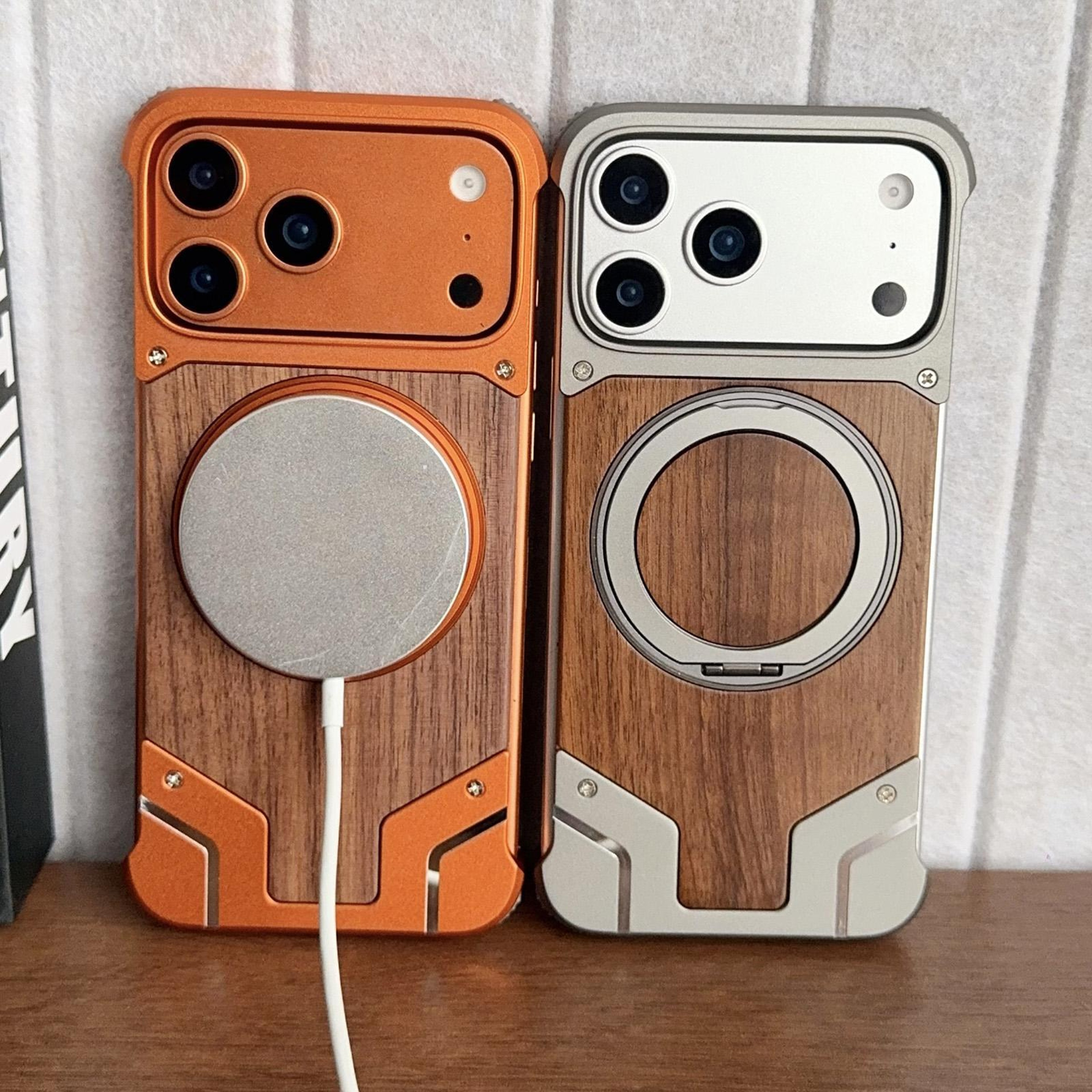 IPhone 18 Pro Max Walnut Wood Magnetic Case With 360 Rotating Metal Stand 3