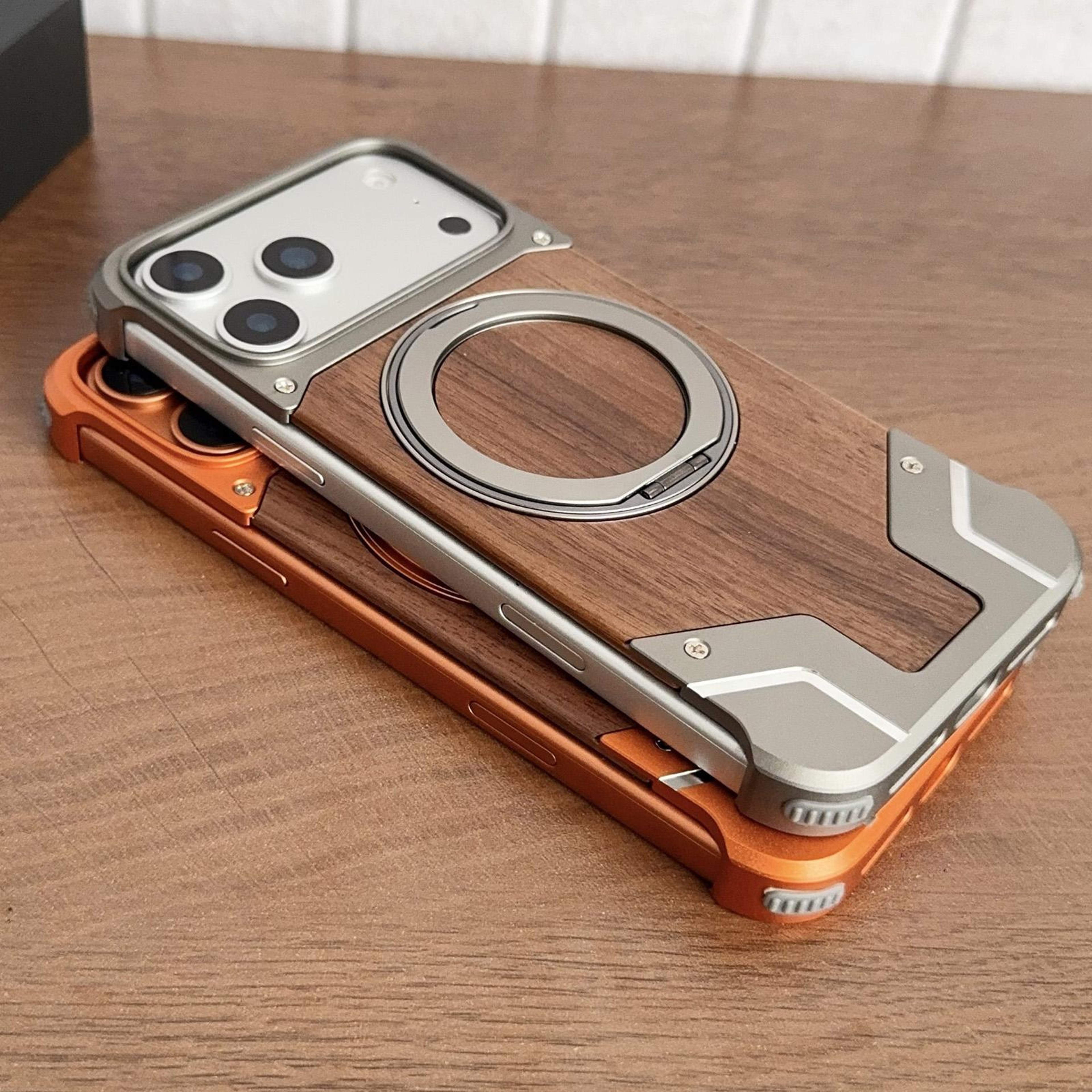 IPhone 18 Pro Max Walnut Wood Magnetic Case With 360 Rotating Metal Stand 4