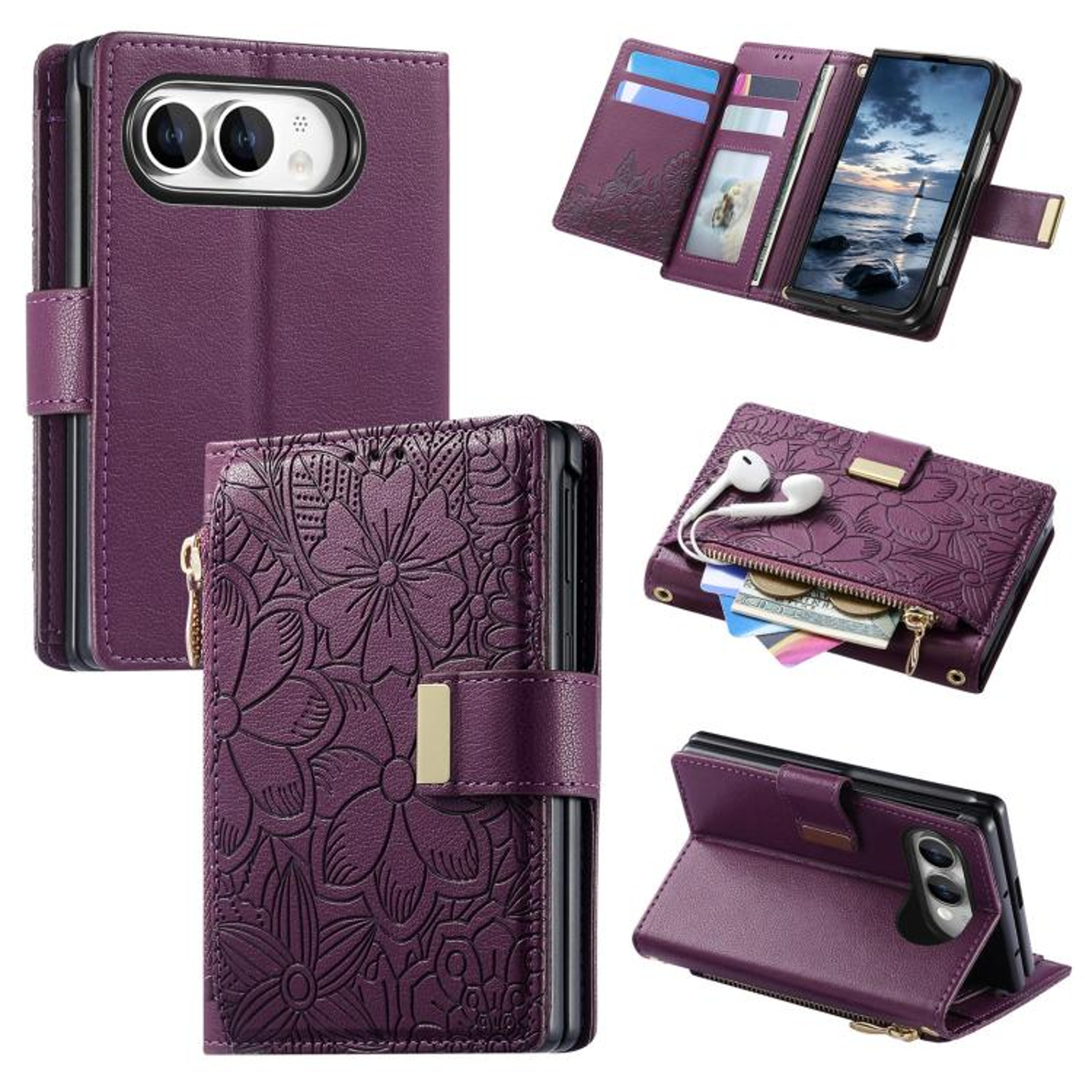 Floral IPhone Wallet Case With Zipper Card Holder Kickstand And Wrist Strap 7