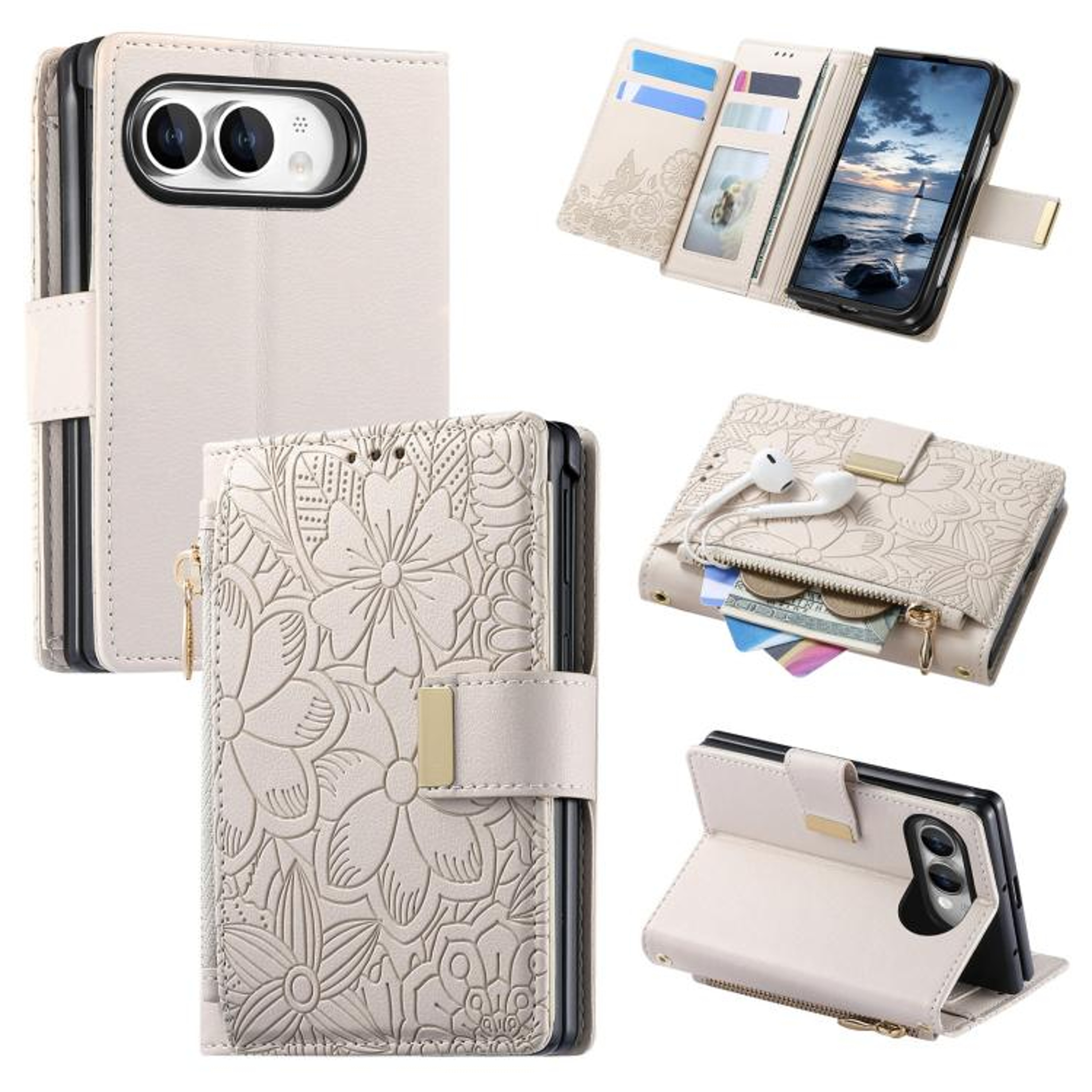 Floral IPhone Wallet Case With Zipper Card Holder Kickstand And Wrist Strap 9
