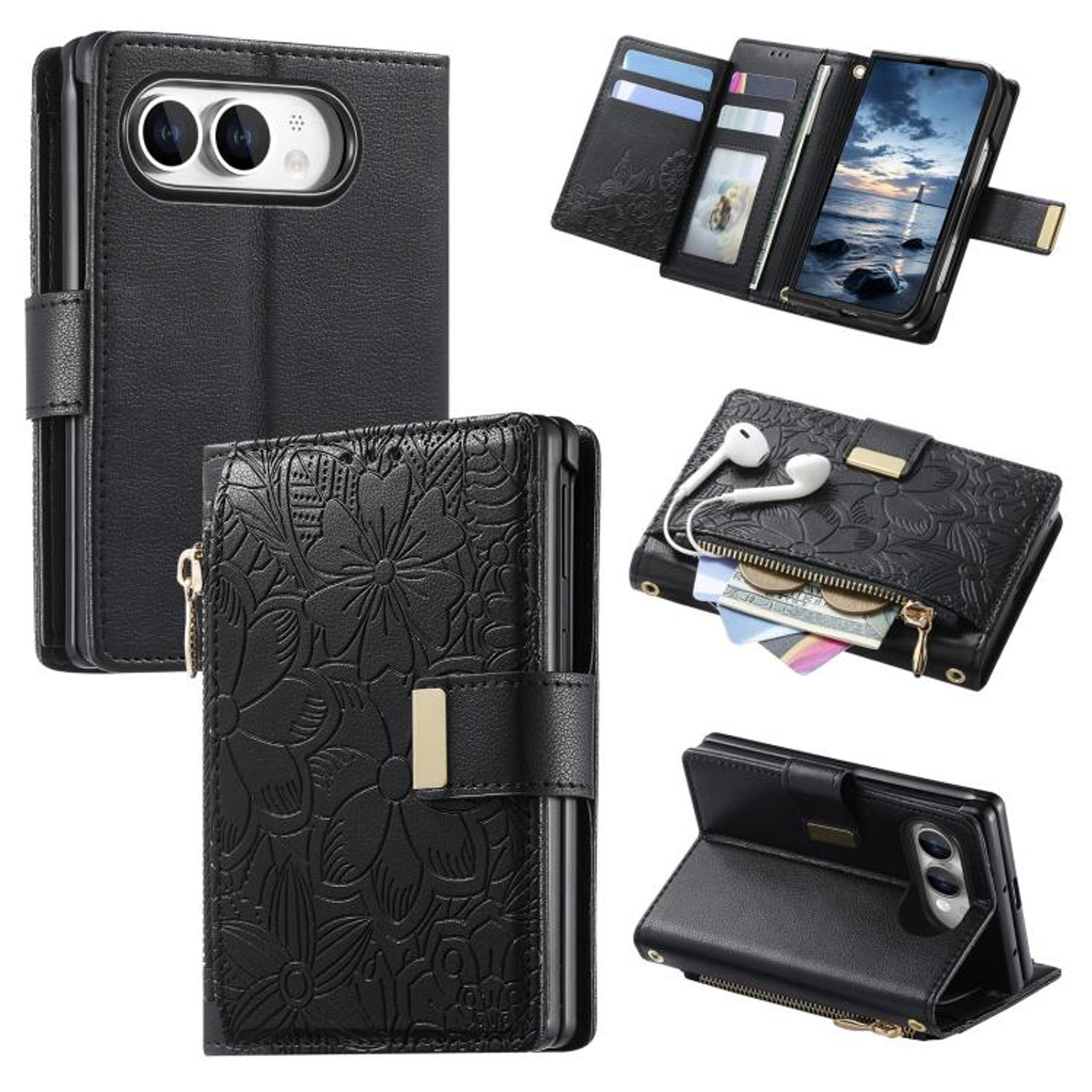 Floral IPhone Wallet Case With Zipper Card Holder Kickstand And Wrist Strap 10
