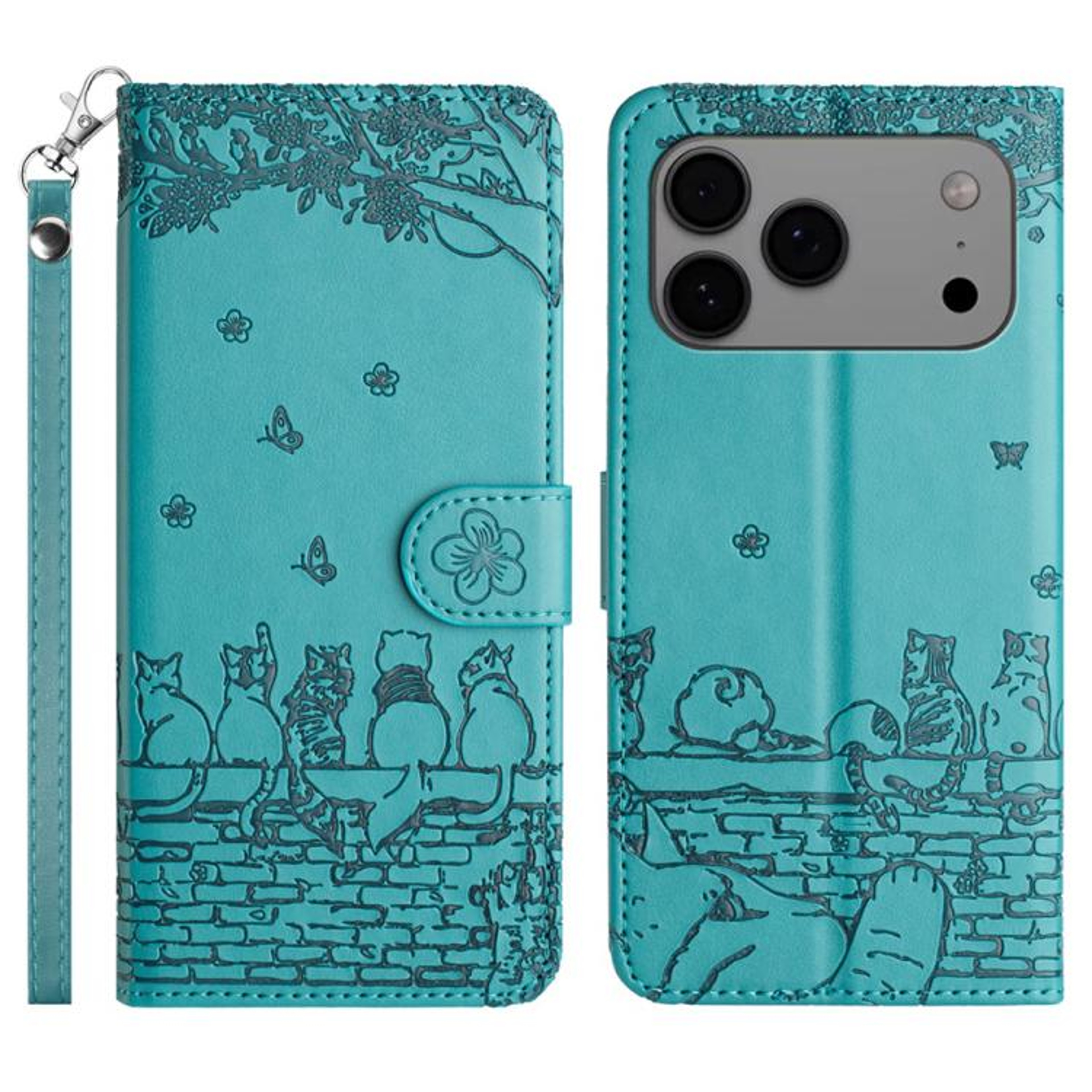IPhone 18 Pro Cat Embossed Leather Wallet Case With Lanyard 8