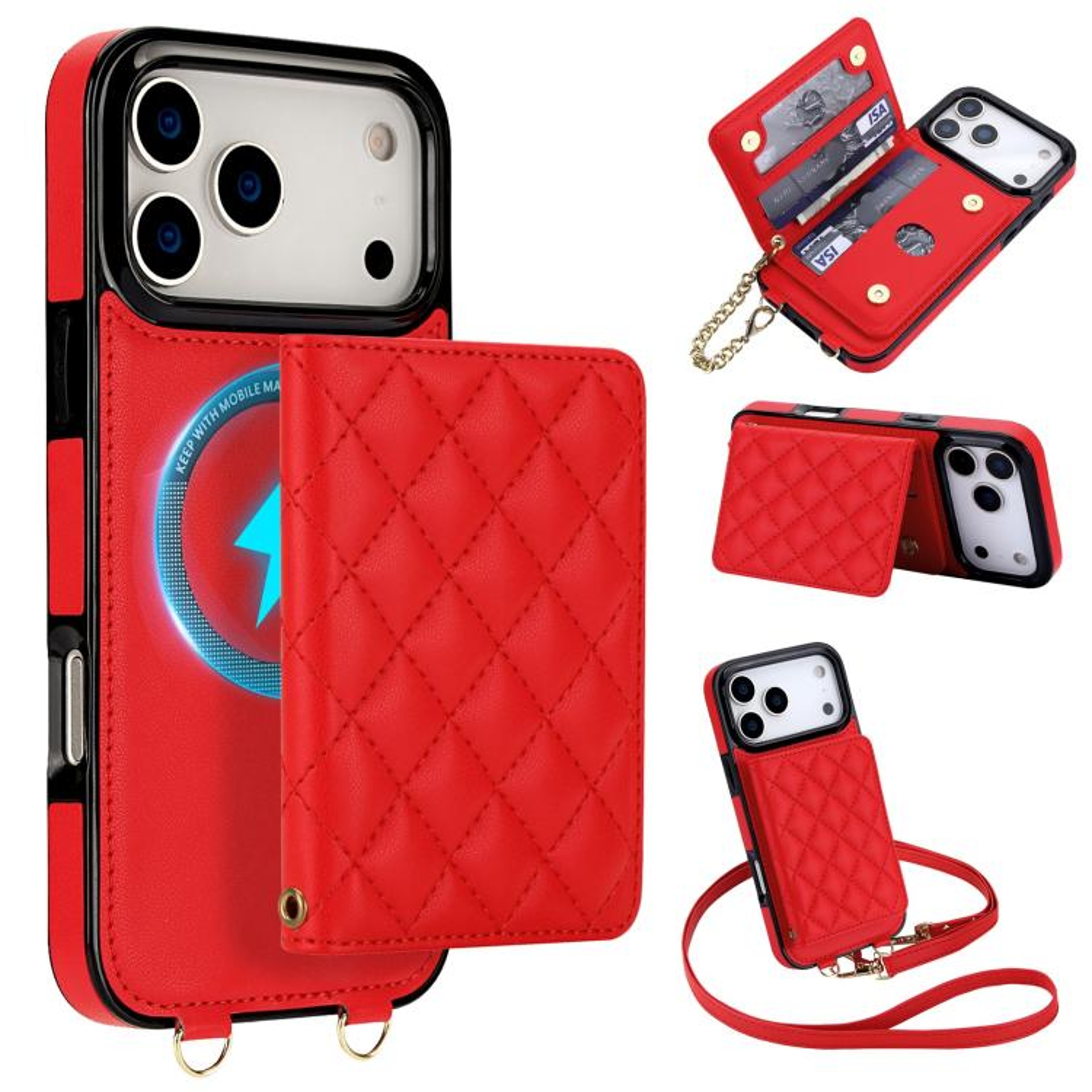IPhone 18 Pro Wallet Case With Magnetic Charging Card Holder Crossbody And Wrist Straps 10
