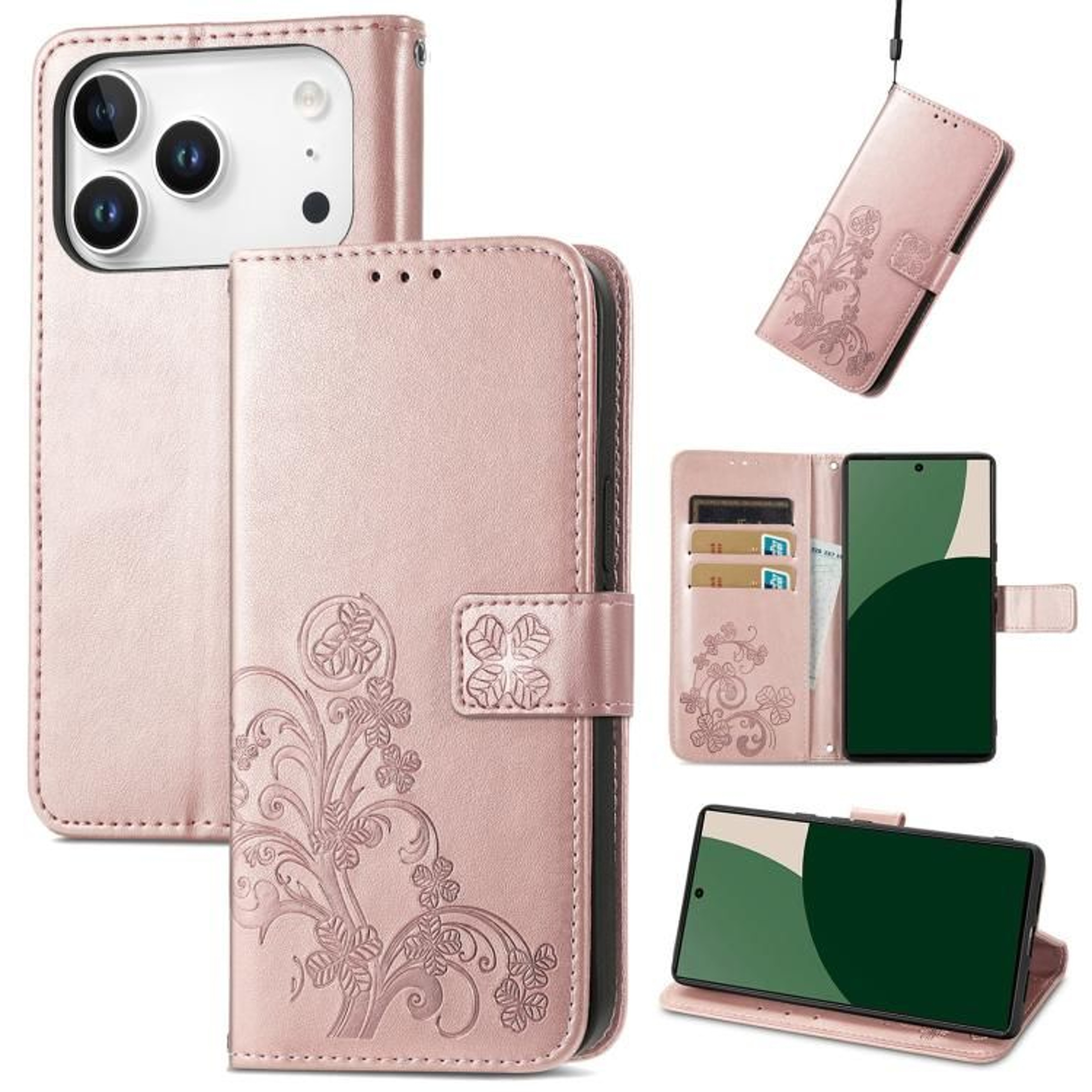 FourLeaf Clover Embossed Wallet Case For IPhone 18 Pro Max With Card Slot Stand And Lanyard 5