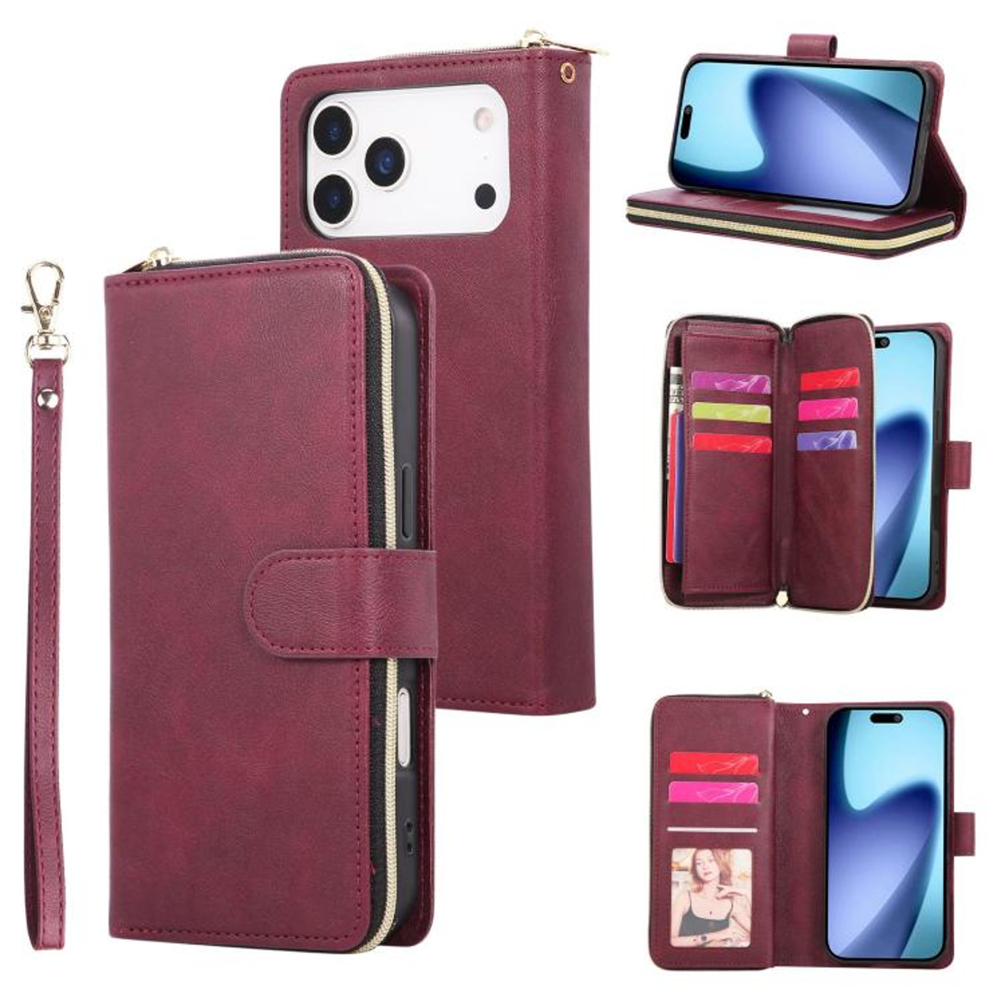 IPhone 18 Pro Max 9 Card Slot PU Leather Zipper Wallet Phone Case With Stand 8