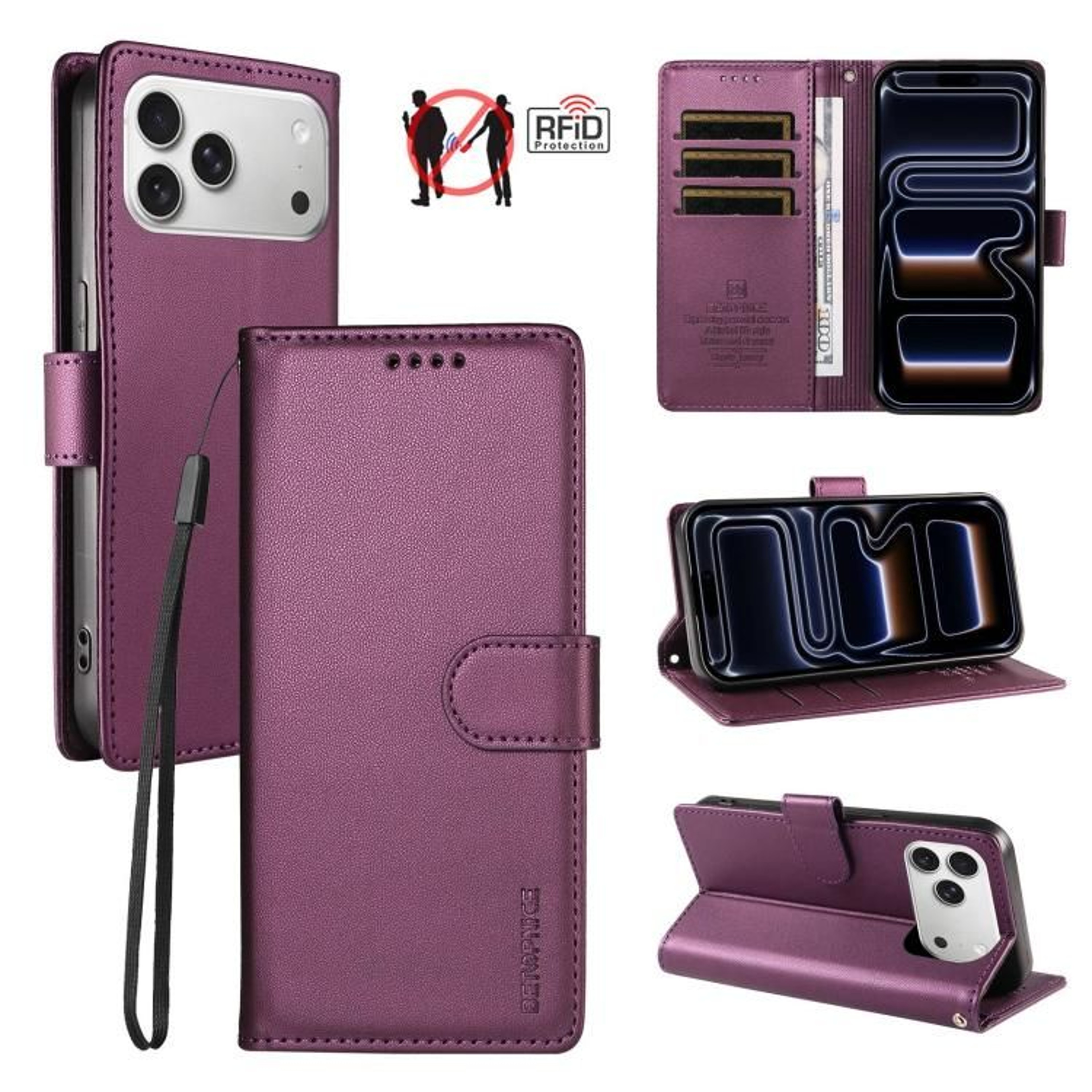 IPhone 18 Pro RFID Wallet Case With Card Holder Stand And Hand Strap 12