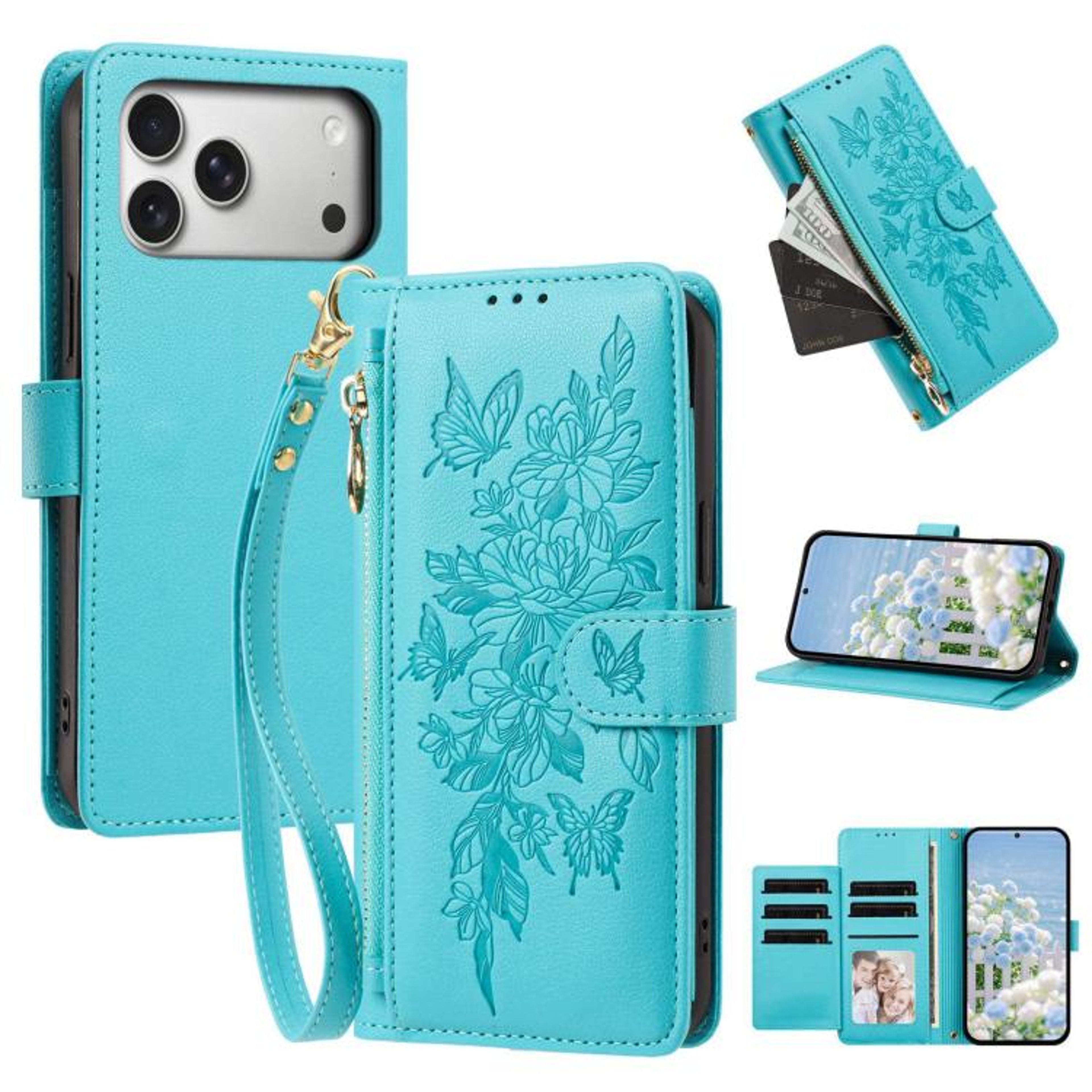 IPhone 18 Pro Butterfly Flower Zipper Wallet Vegan Leather Phone Case With Strap 9
