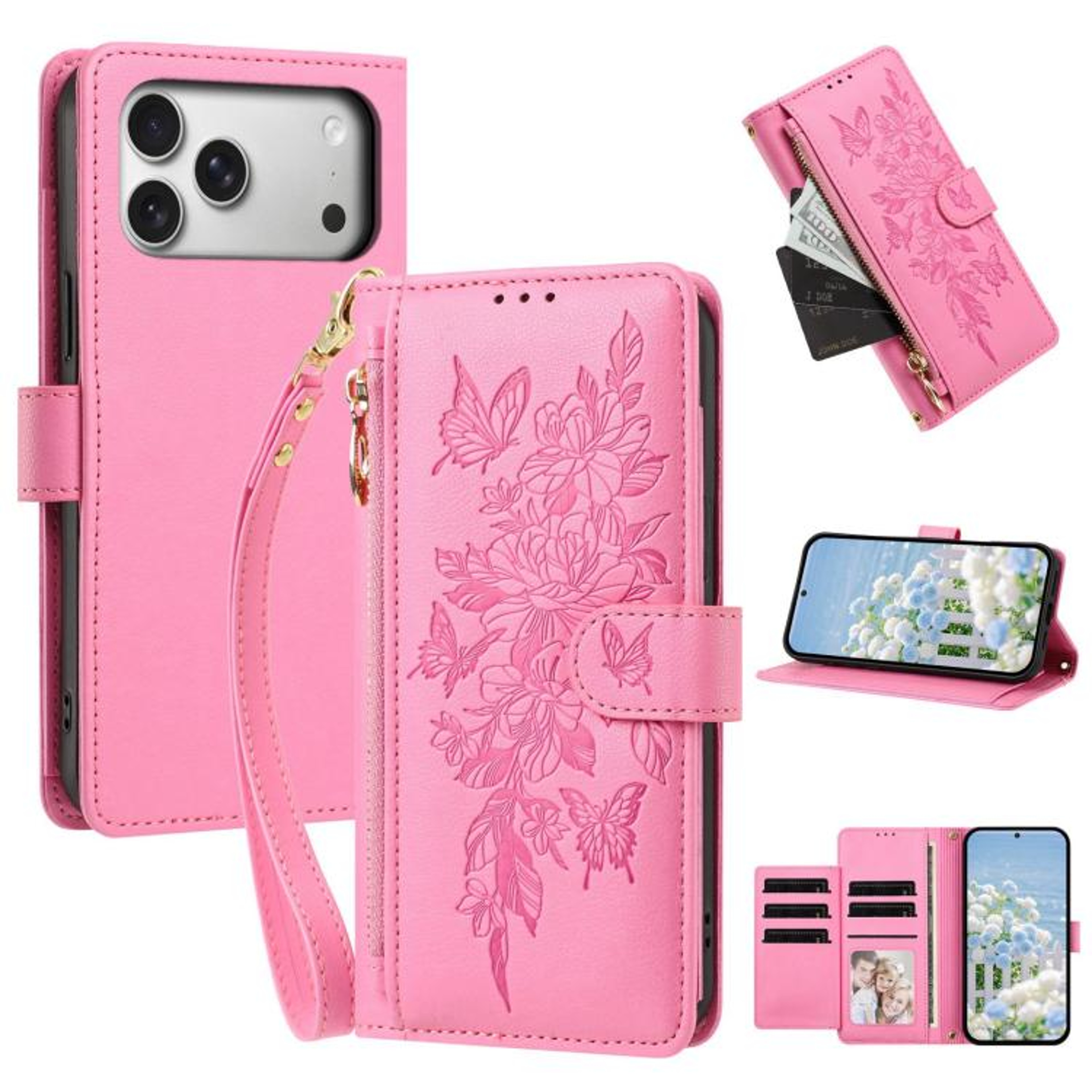 Butterfly Flower Zipper Wallet Vegan Leather Phone Case With Strap For IPhone 18 Pro Max 8
