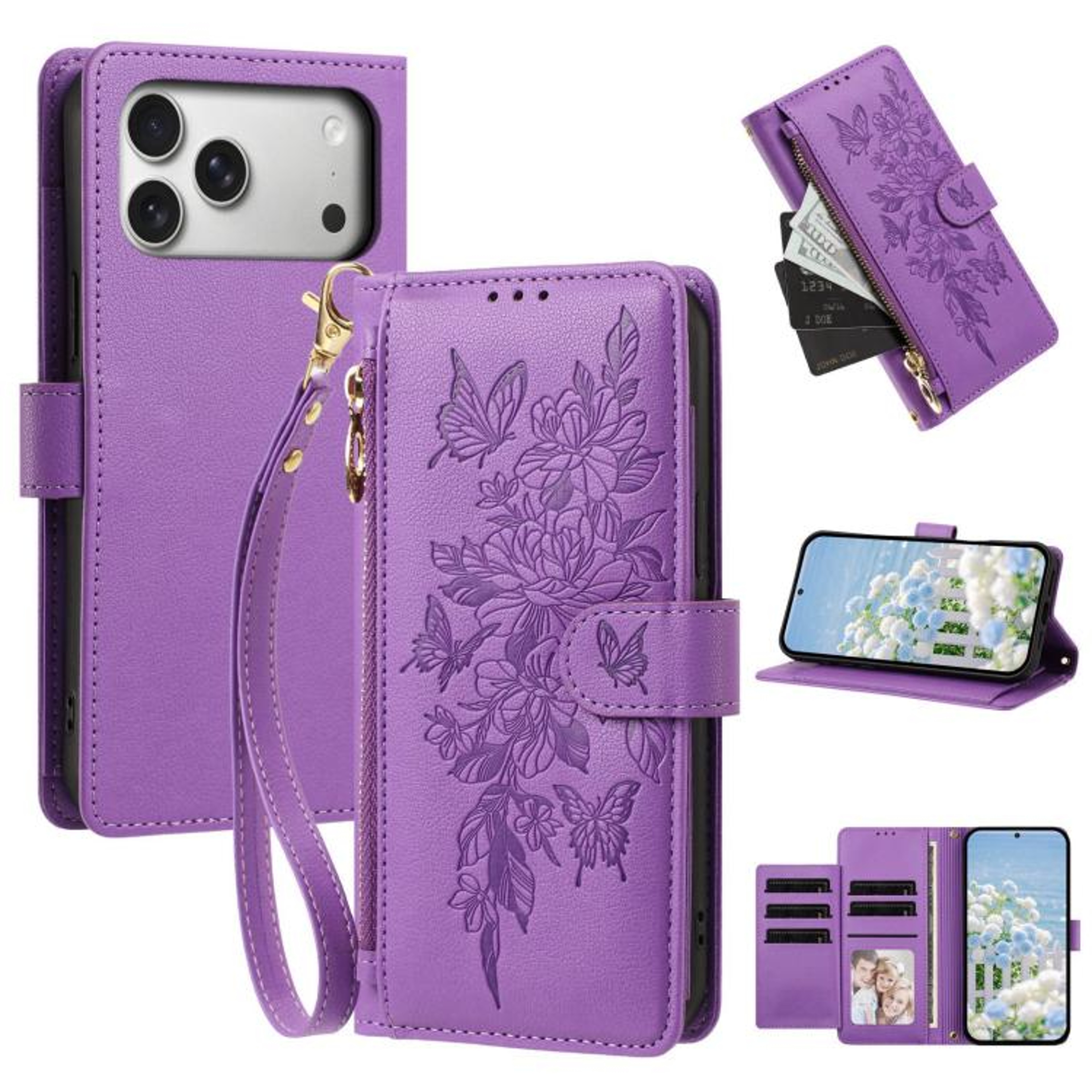 Butterfly Flower Zipper Wallet Vegan Leather Phone Case With Strap For IPhone 18 Pro Max 10