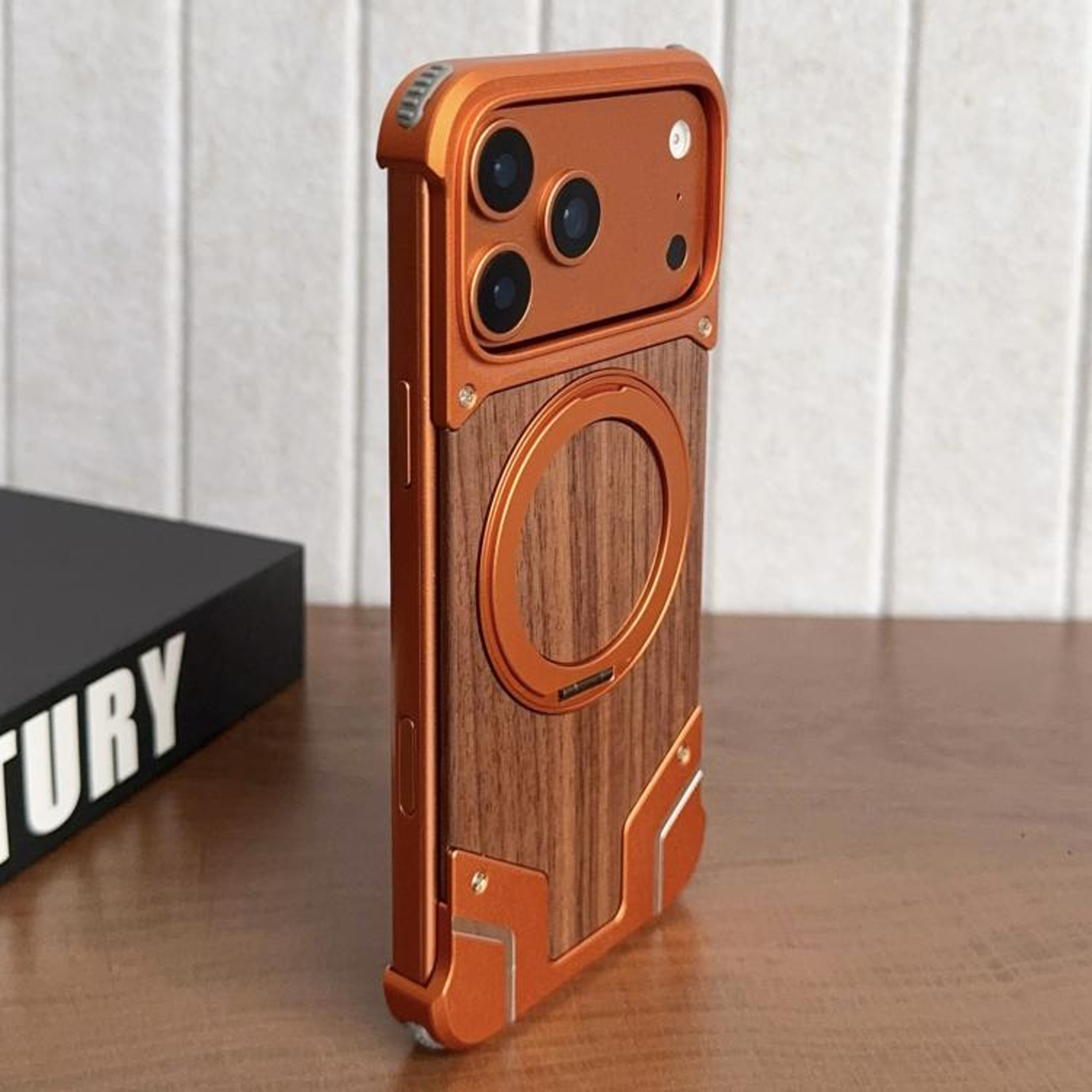 IPhone 18 Pro Max Walnut Wood Magnetic Case With 360 Rotating Metal Stand 9