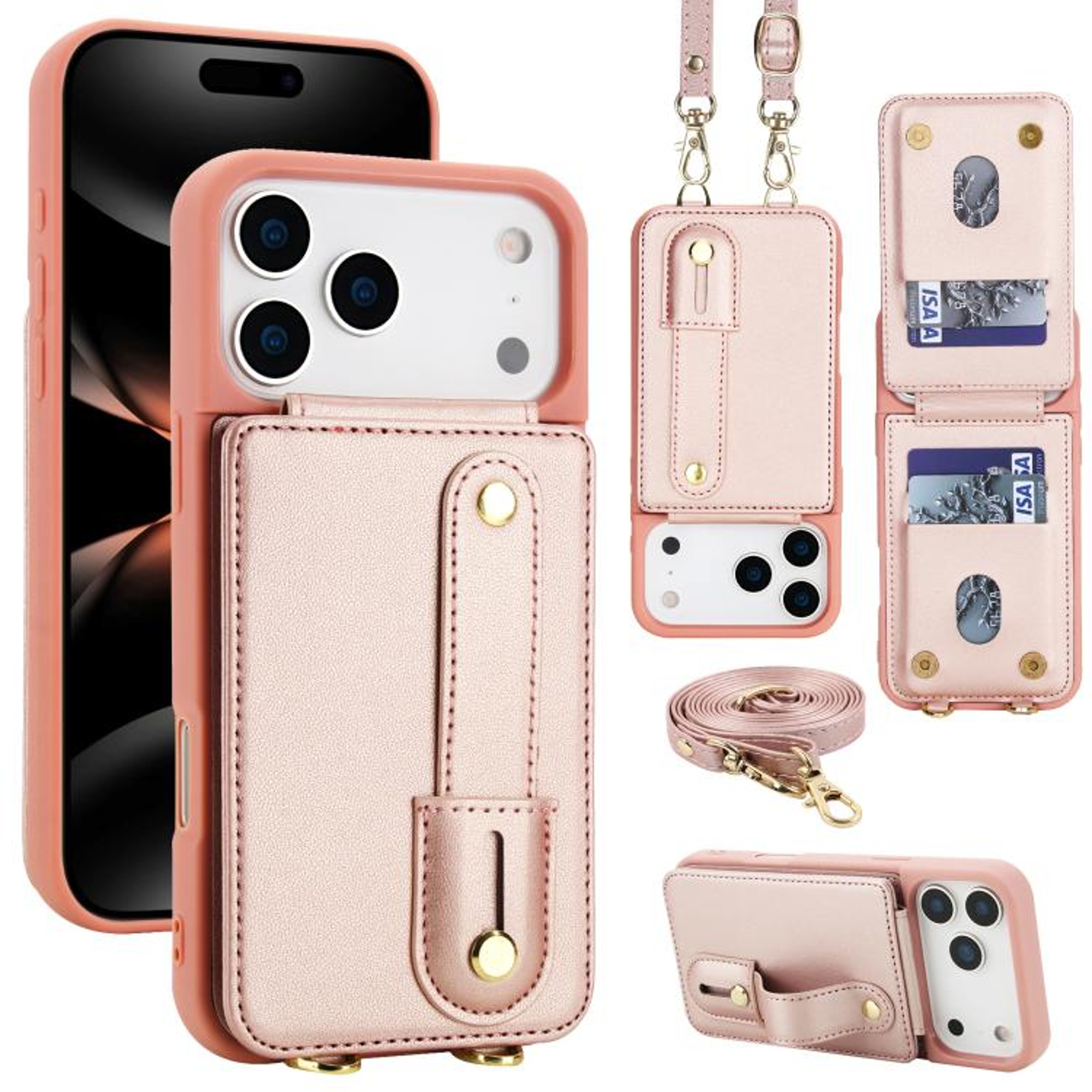 IPhone 18 Pro Flip Wallet Case With Wristband Stand And Crossbody Lanyard 9