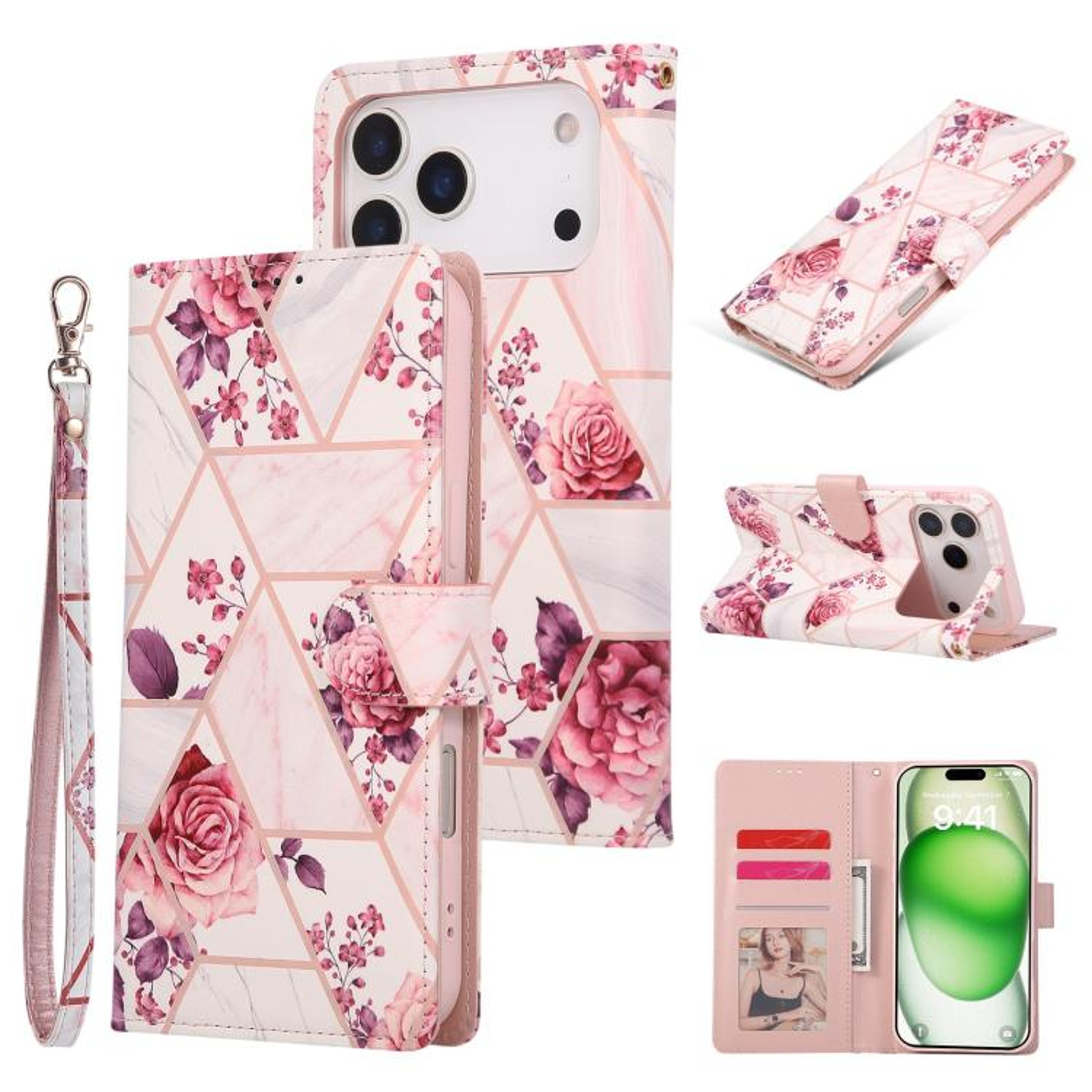 IPhone 18 Pro Marble Leather Wallet Case With Card Slots And Stand 8