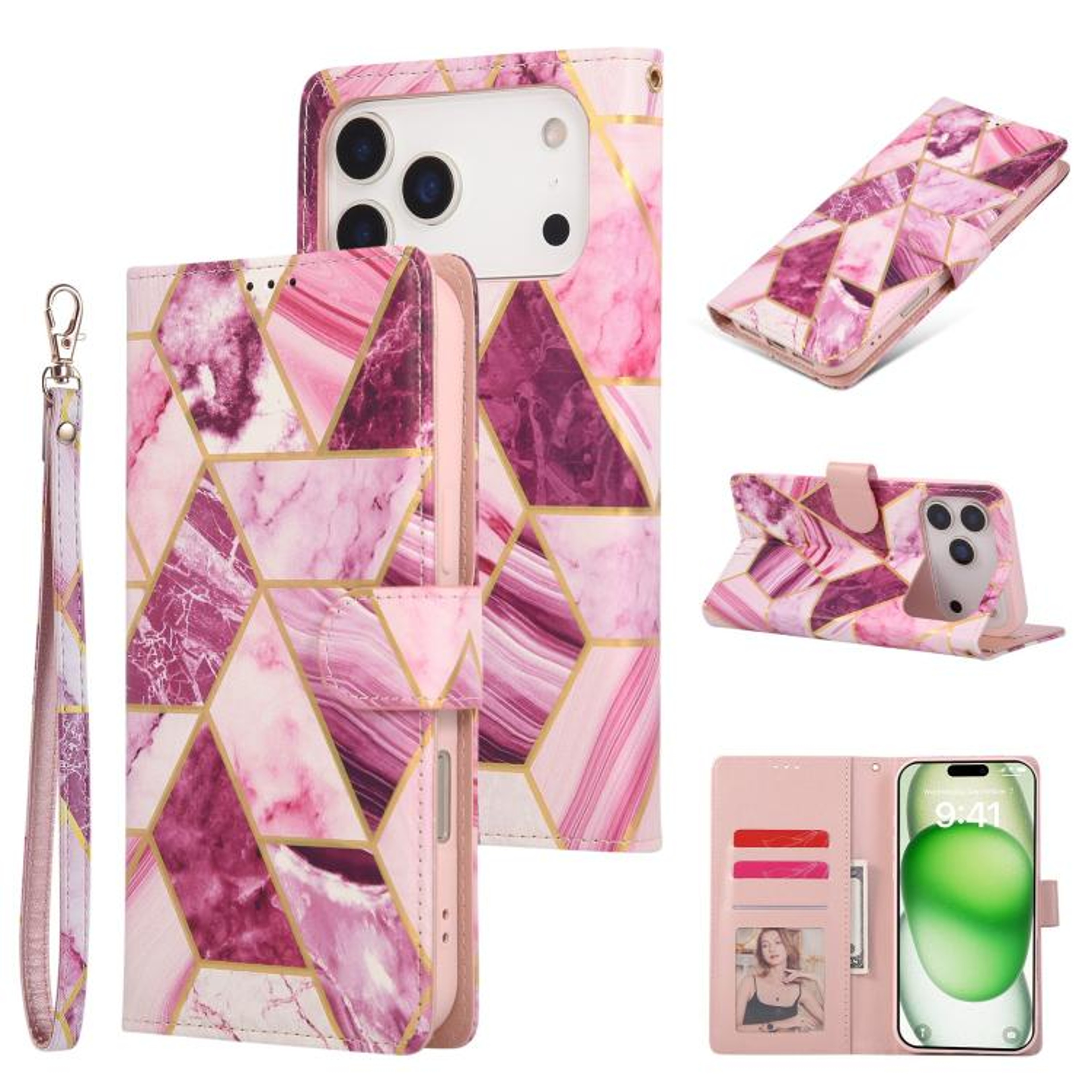 IPhone 18 Pro Marble Leather Wallet Case With Card Slots And Stand 9