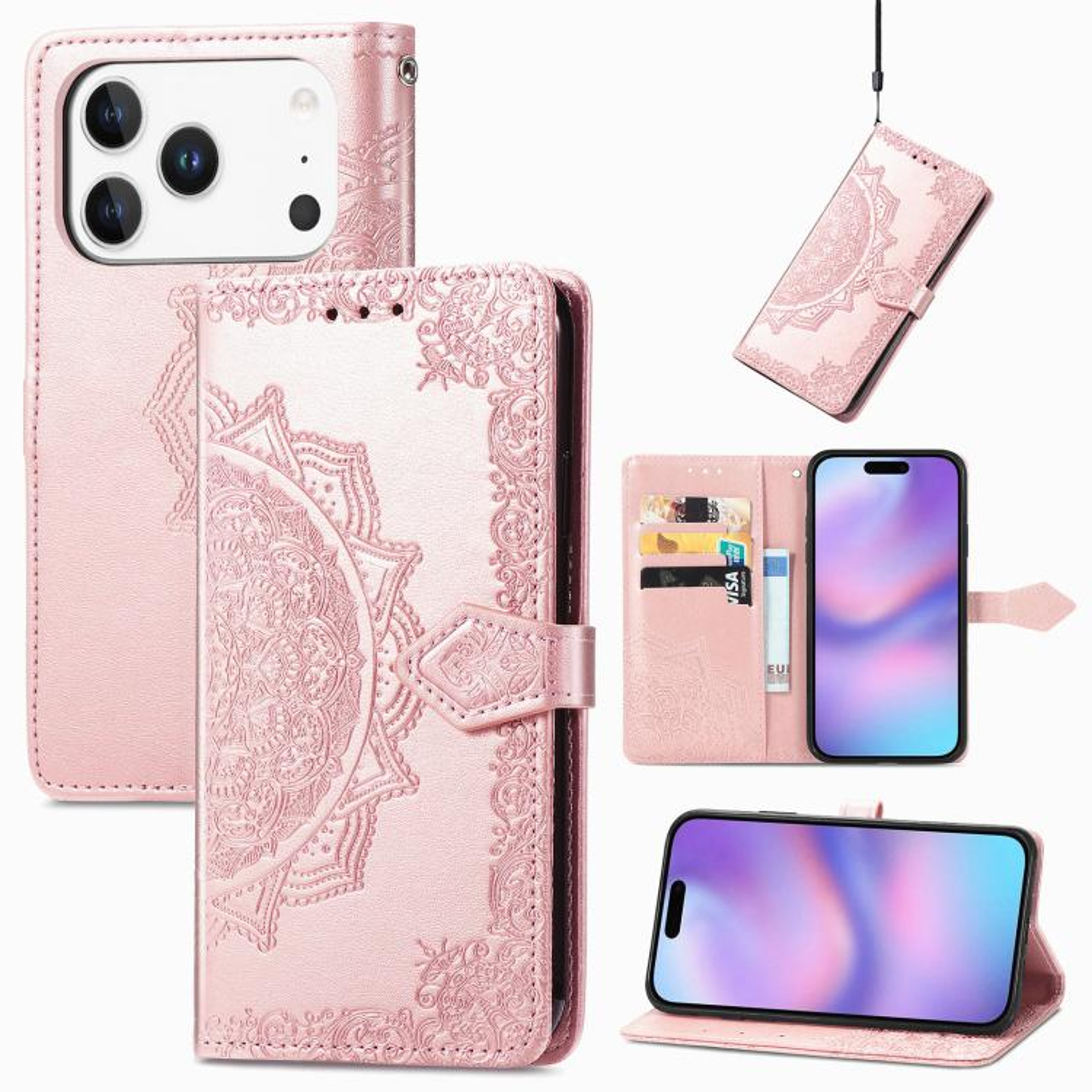 IPhone 18 Pro Mandala Flower Embossed Wallet Case With Card Slot And Stand 6