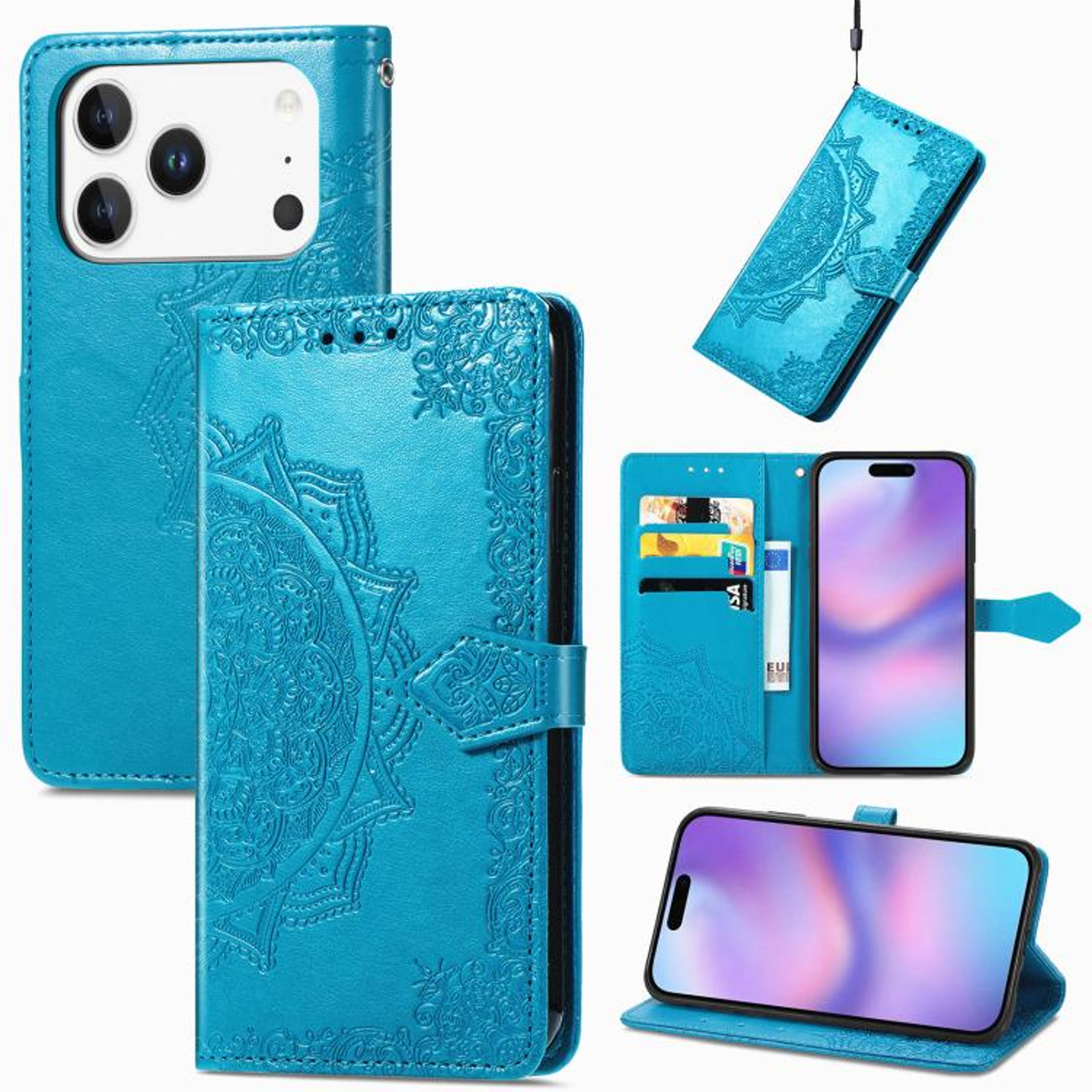 IPhone 18 Pro Mandala Flower Embossed Wallet Case With Card Slot And Stand 8