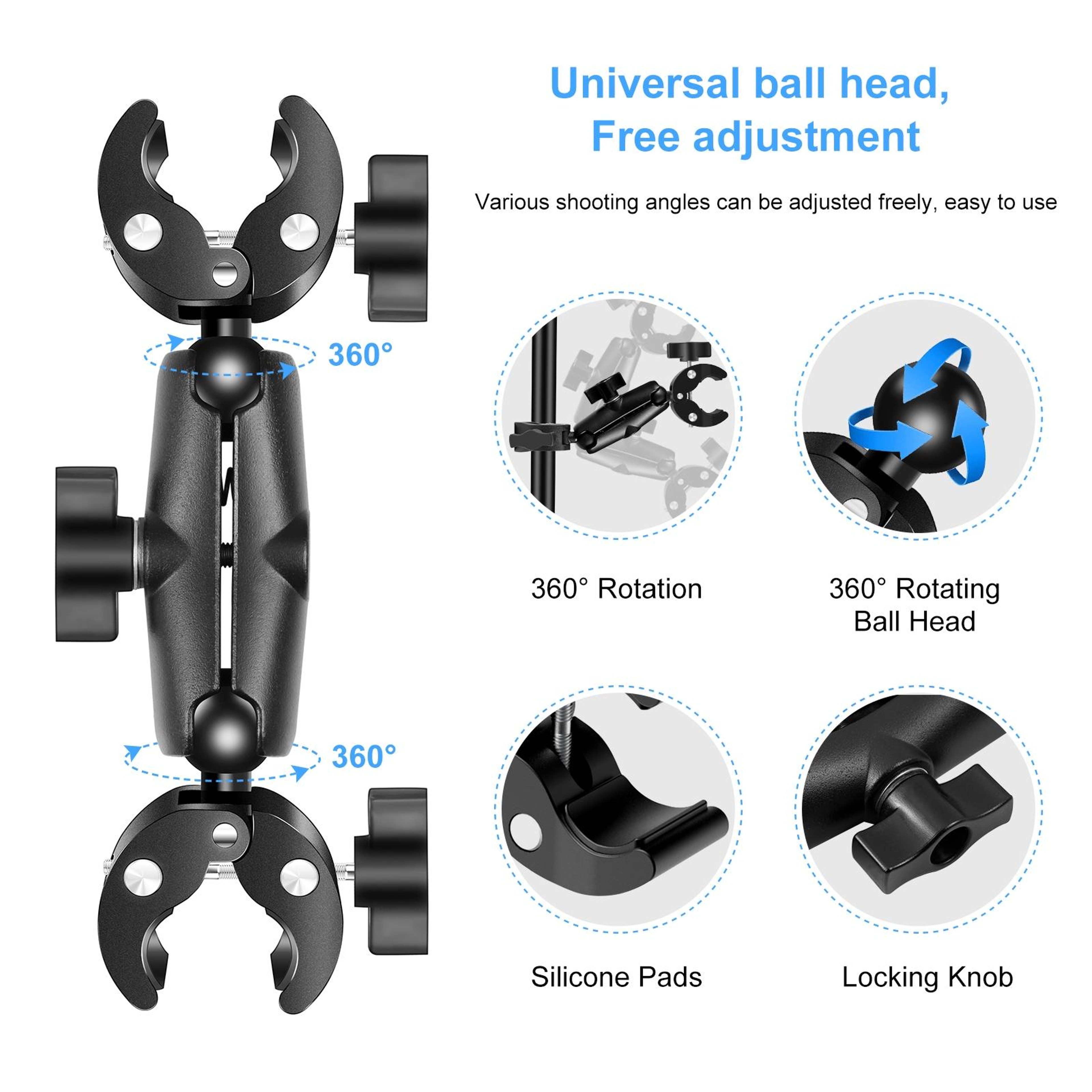 PULUZ 360° Dual Clamp Motorcycle Camera Mount for Handlebars & Action Cameras – view 5