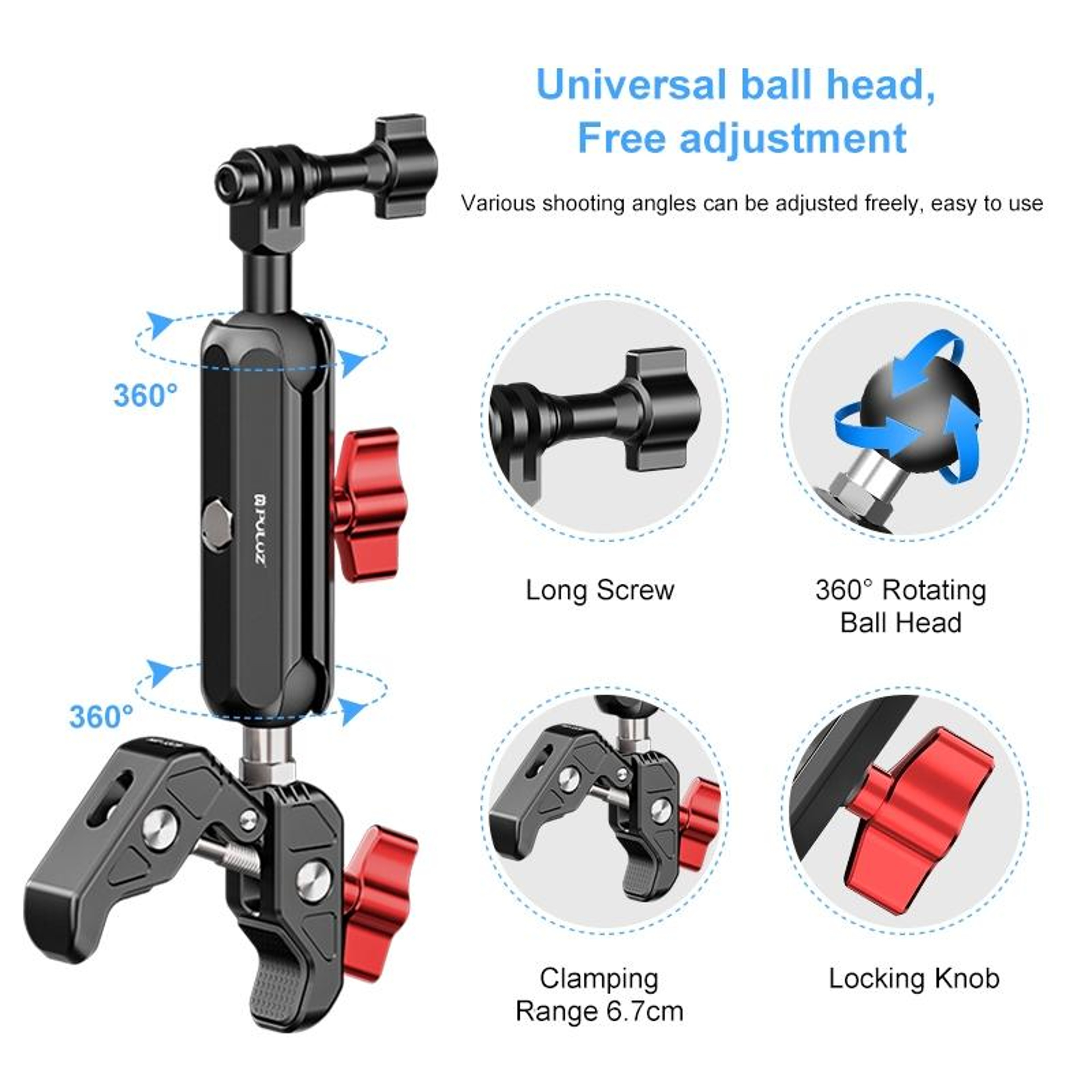 PULUZ 360 Motorcycle Handlebar Camera Mount With CNC Magic Arm Clamp 3