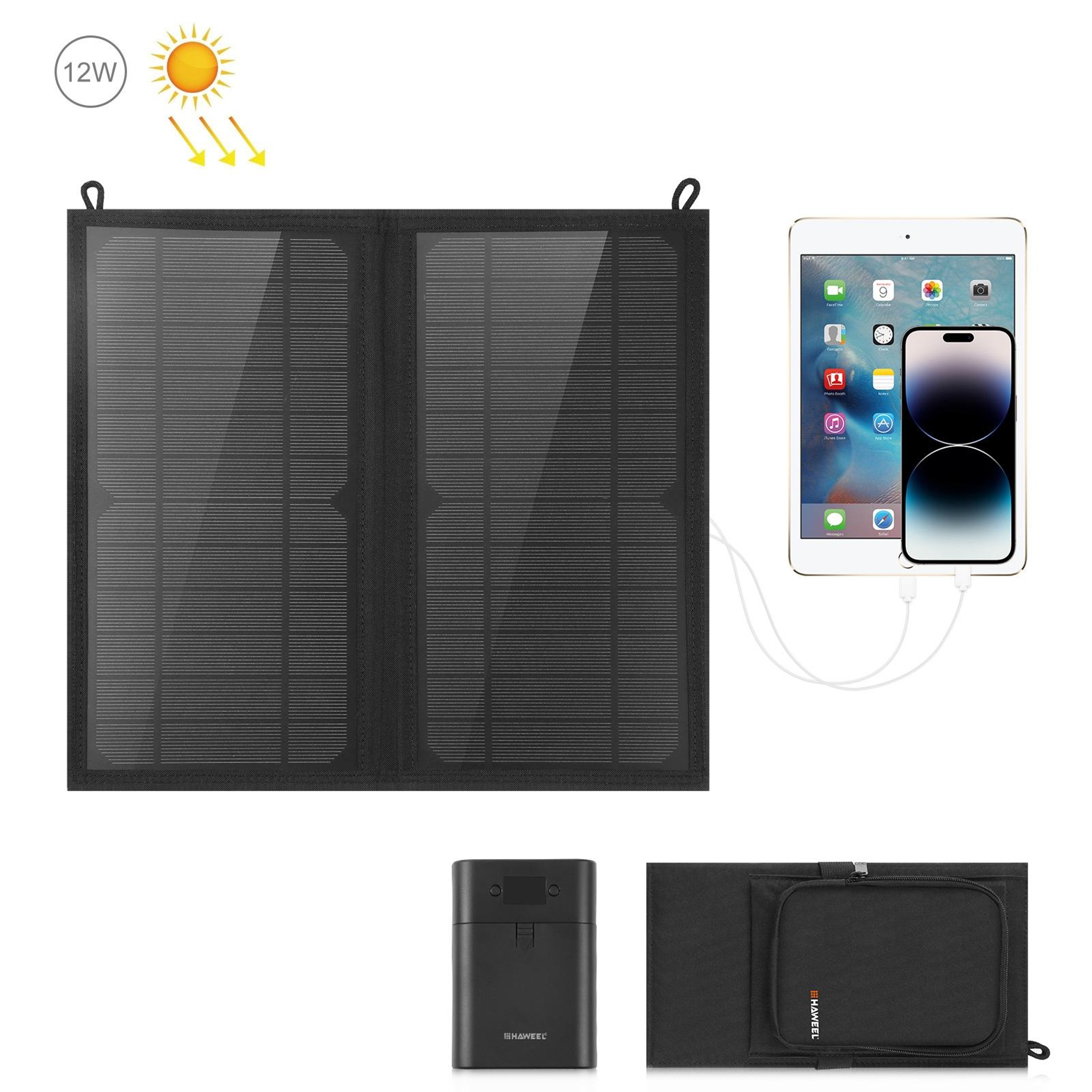 HAWEEL Foldable Solar Panel Charger Bag Portable Solar Charger Dual USB QC30 AFC 12
