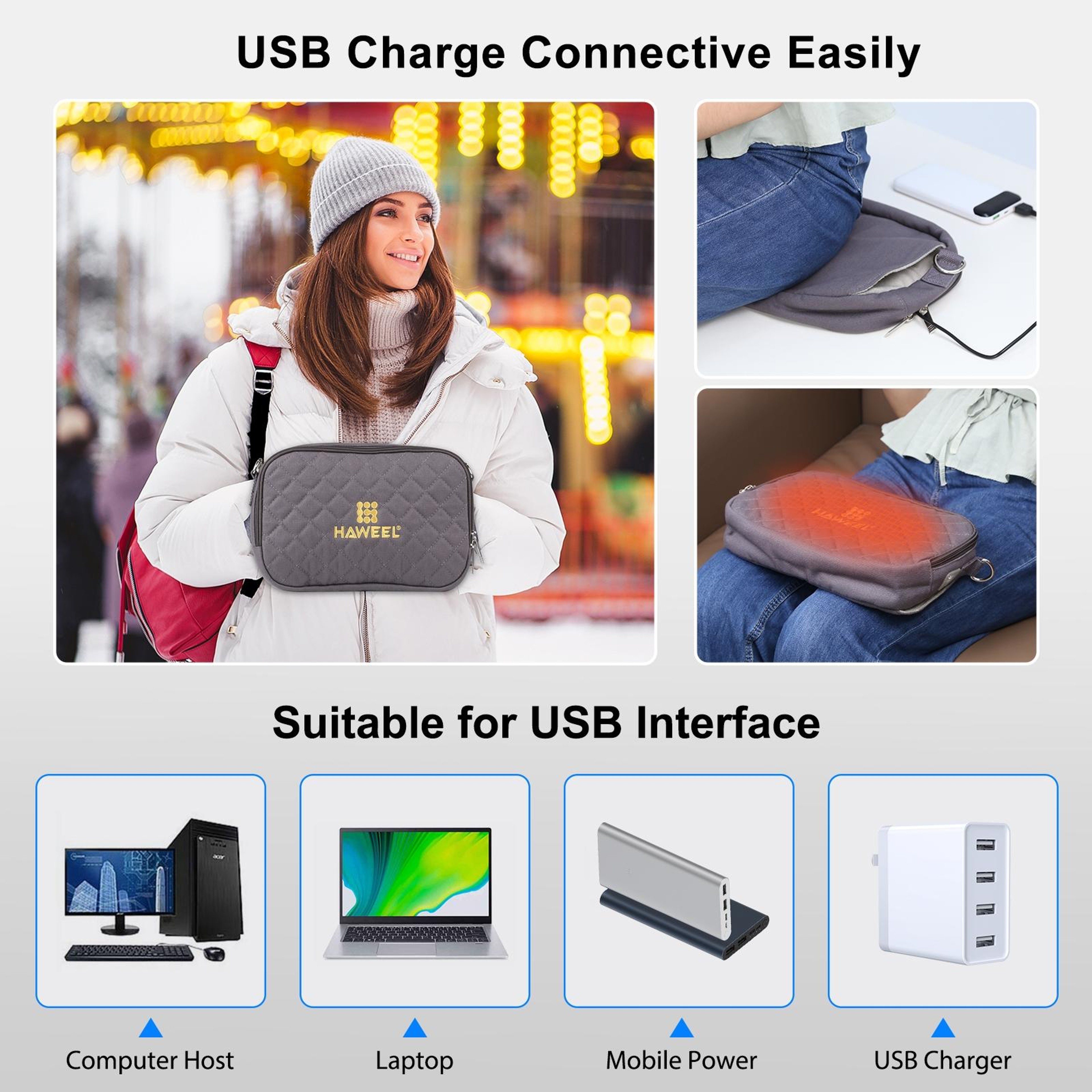 HAWEEL Messenger Shoulder Small Bag Digital Tablet Phone Warmer Storage Bag With Hand WarmerGrey 6