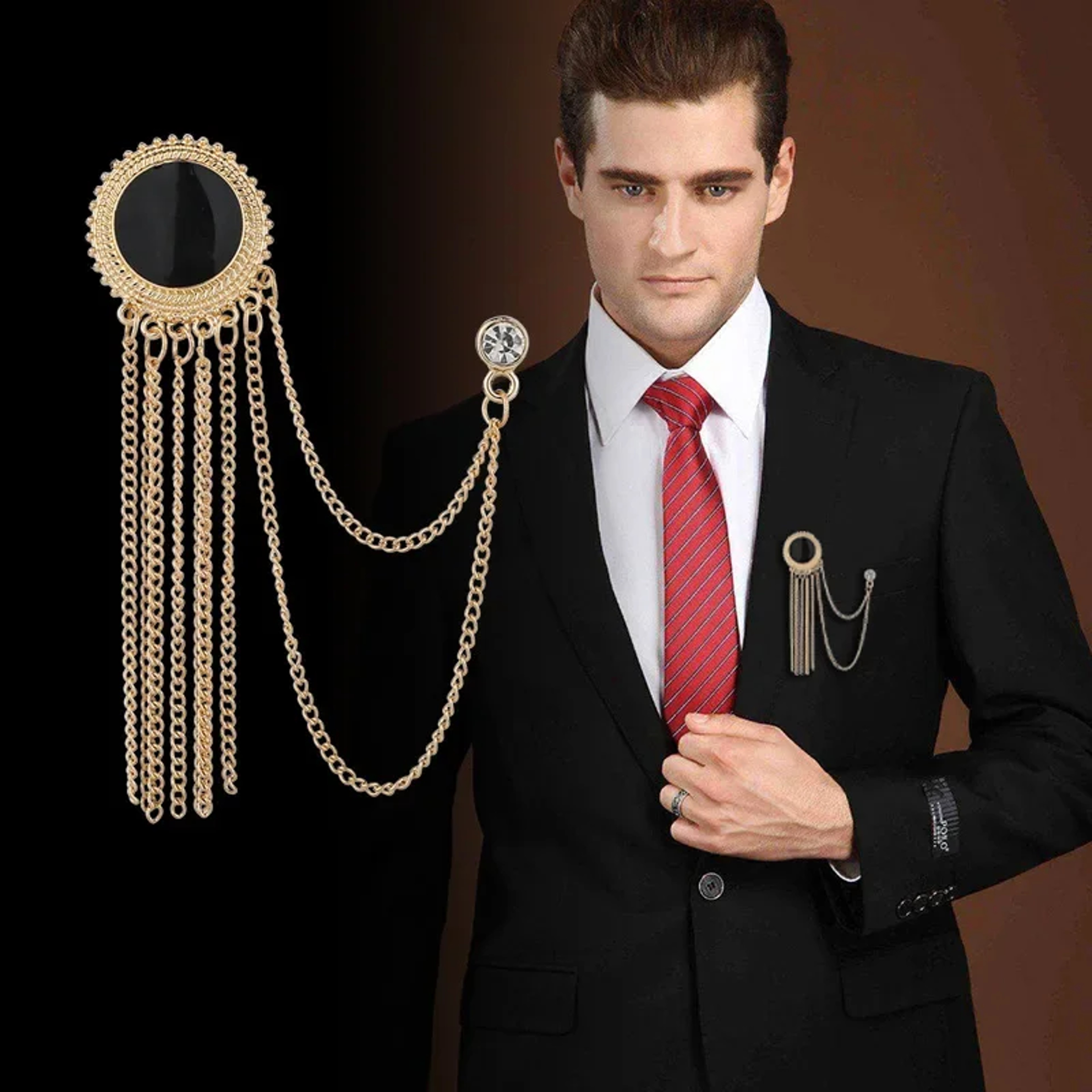 Mens Black Tassel Corsage Brooch  Metal Rhinestone Collar Pin For Suit  Shirt Jewelry 0