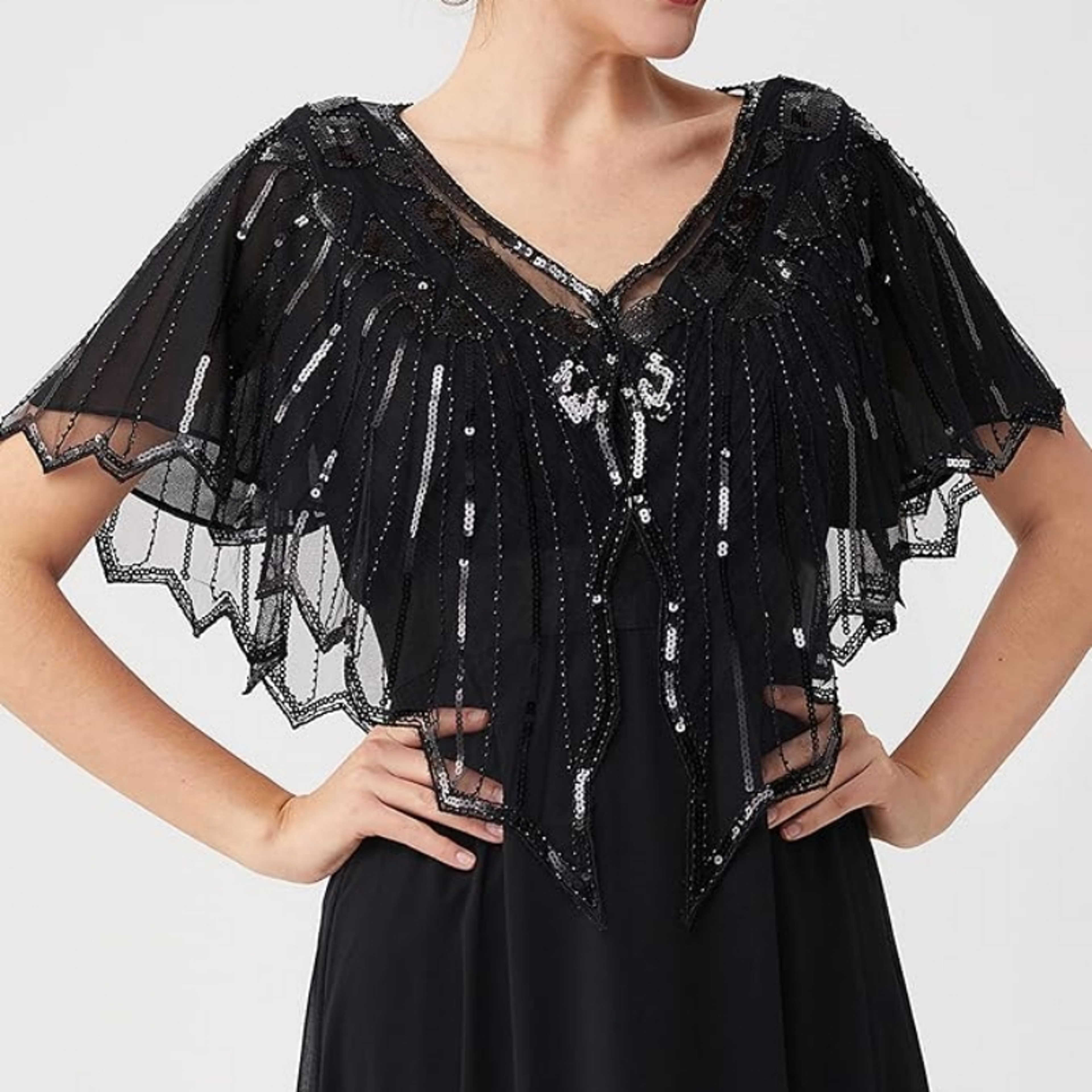 Retro Beaded Sequin Flapper Shawl Loose Decoration Outerwear Short Cape Evening Party Ladies Cloak  17