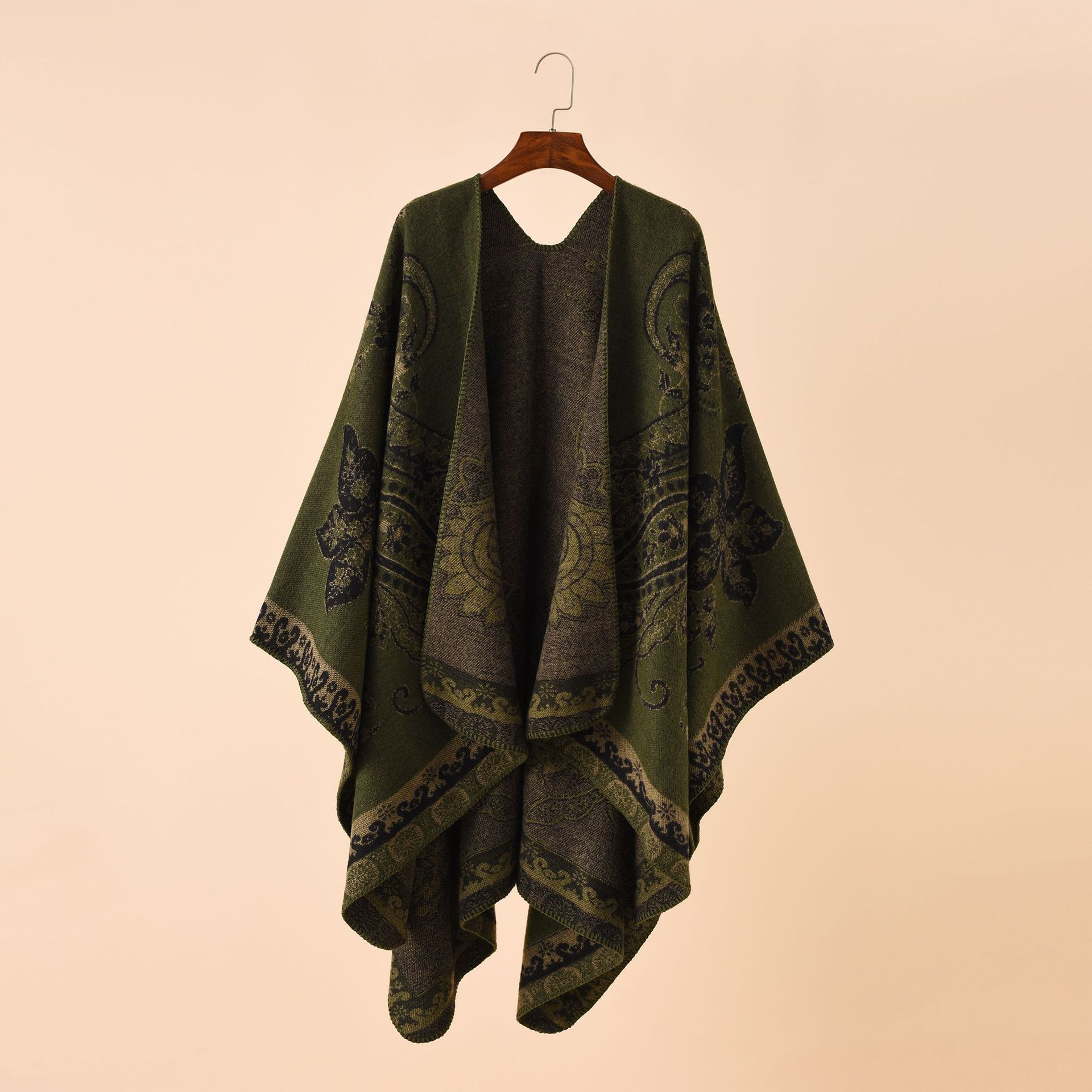 Womens Autumn Winter Geometric Lattice Flower Pattern Imitation Cashmere Shawl Cloak Cape, Warm Stylish Poncho – view 2