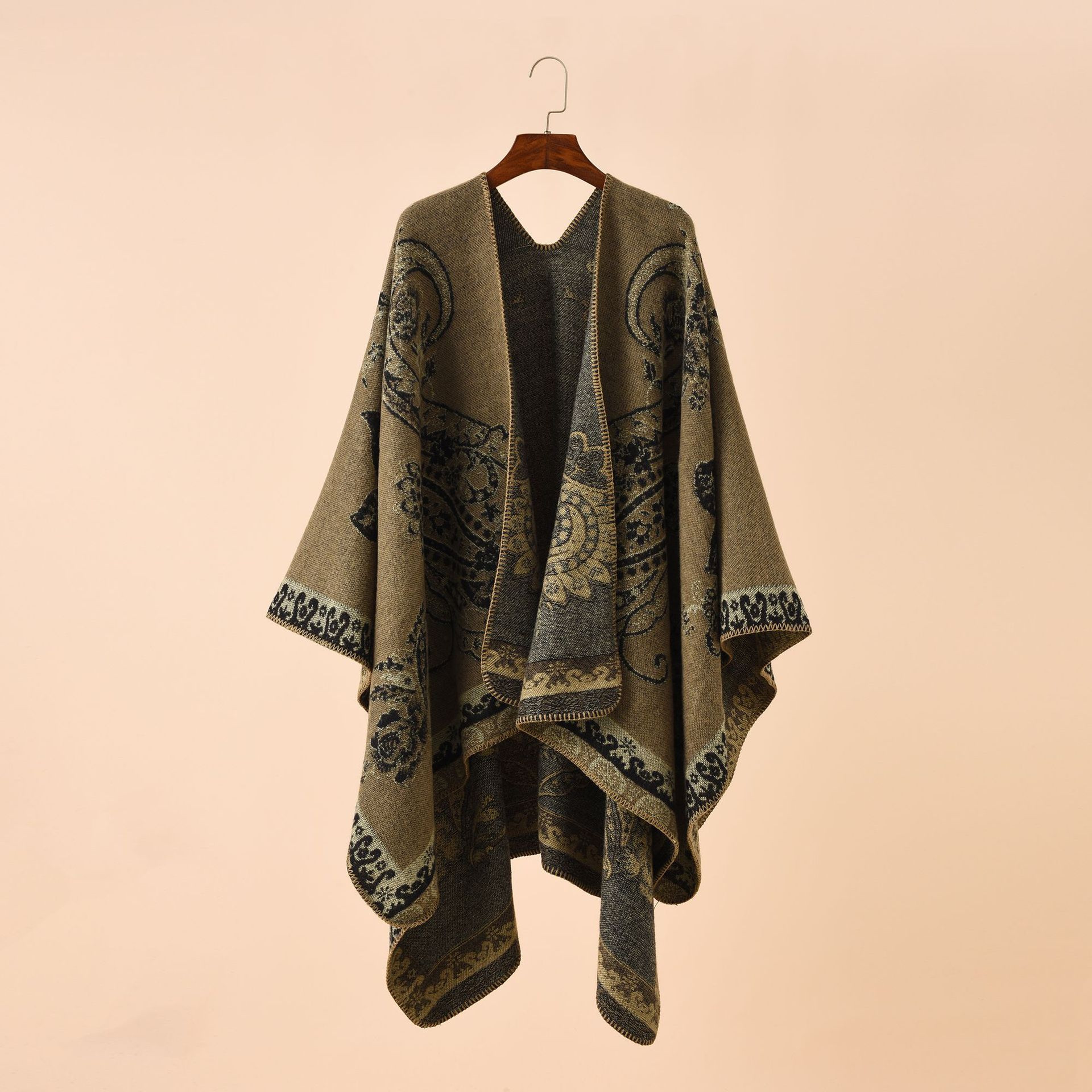 Womens Autumn Winter Geometric Lattice Flower Pattern Imitation Cashmere Shawl Cloak Cape, Warm Stylish Poncho – view 6